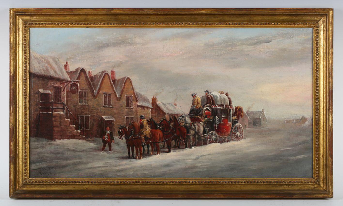 19th century oil painting,  Mail coach in snow, oil, John Charles Maggs For Sale 1