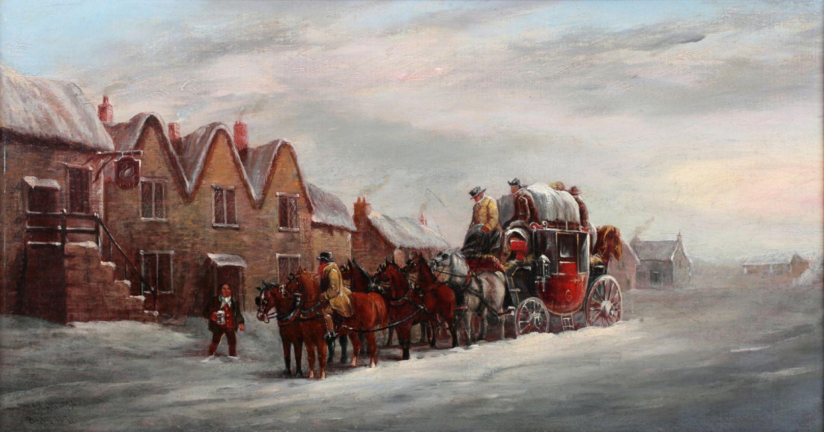 19th century oil painting,  Mail coach in snow, oil, John Charles Maggs For Sale 2