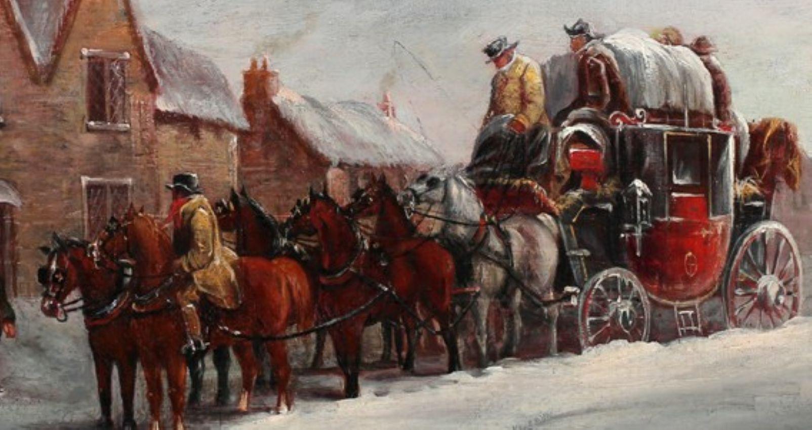 19th century oil painting,  Mail coach in snow, oil, John Charles Maggs For Sale 4