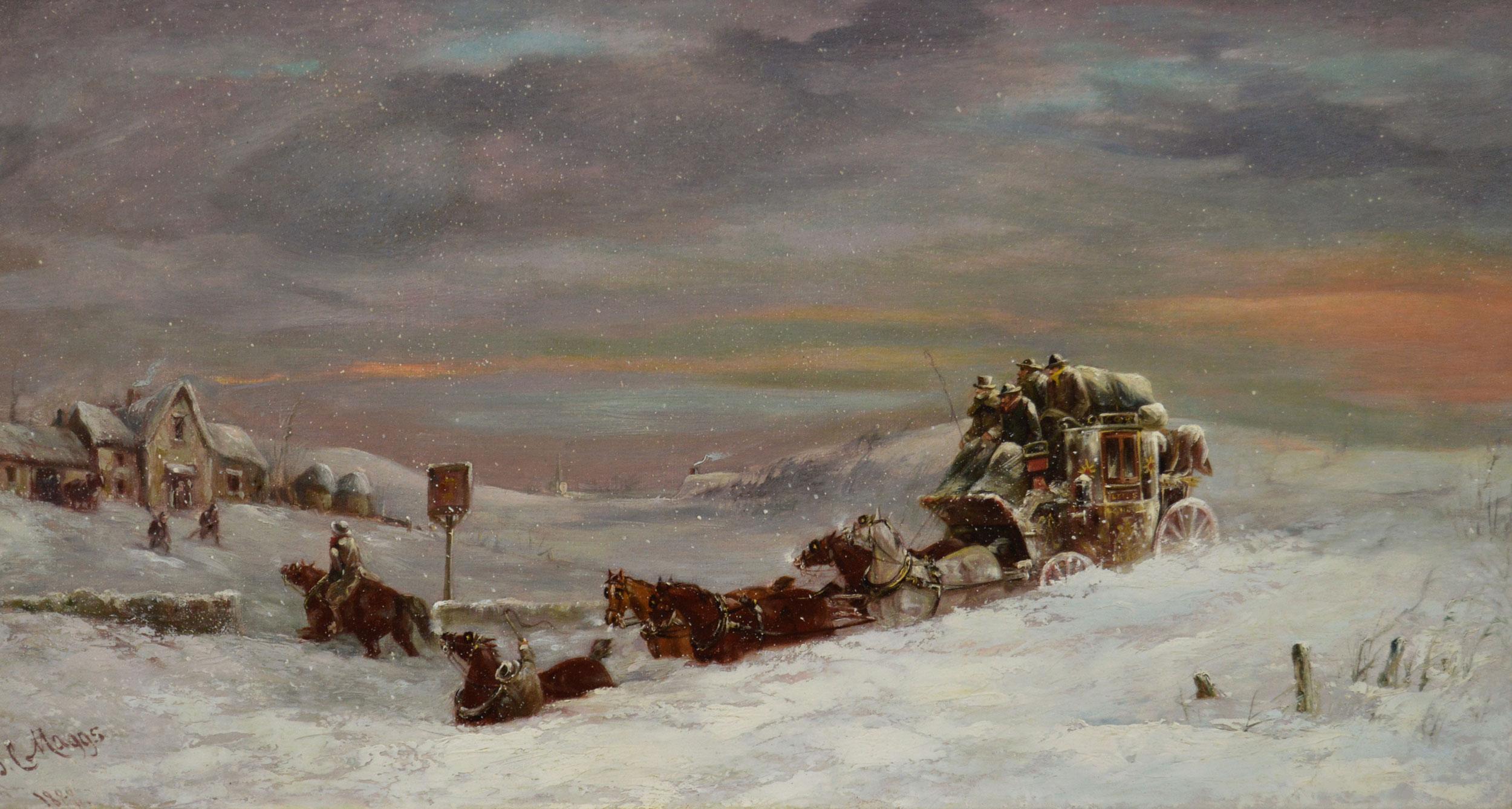 19th Century winter coaching oil painting of a stagecoach in a snowdrift - Painting by John Charles Maggs