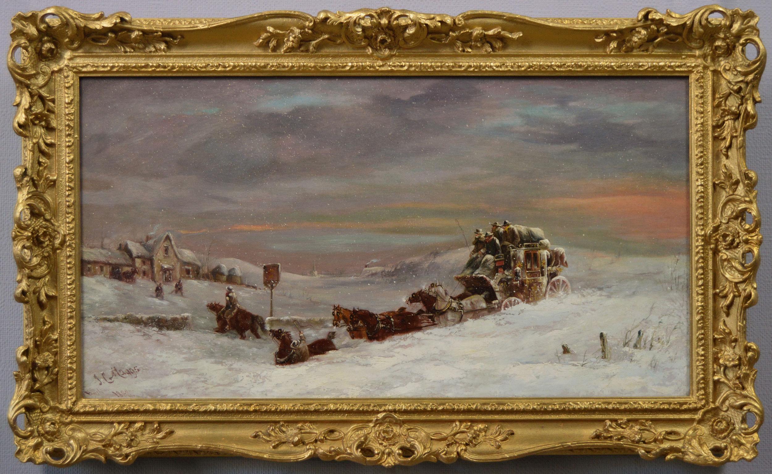 Peinture à l'huile d'accompagnement d'hiver du 19e siècle représentant un stagecoach dans une chute de neige