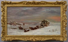 19th Century winter coaching oil painting of a stagecoach in a snowdrift