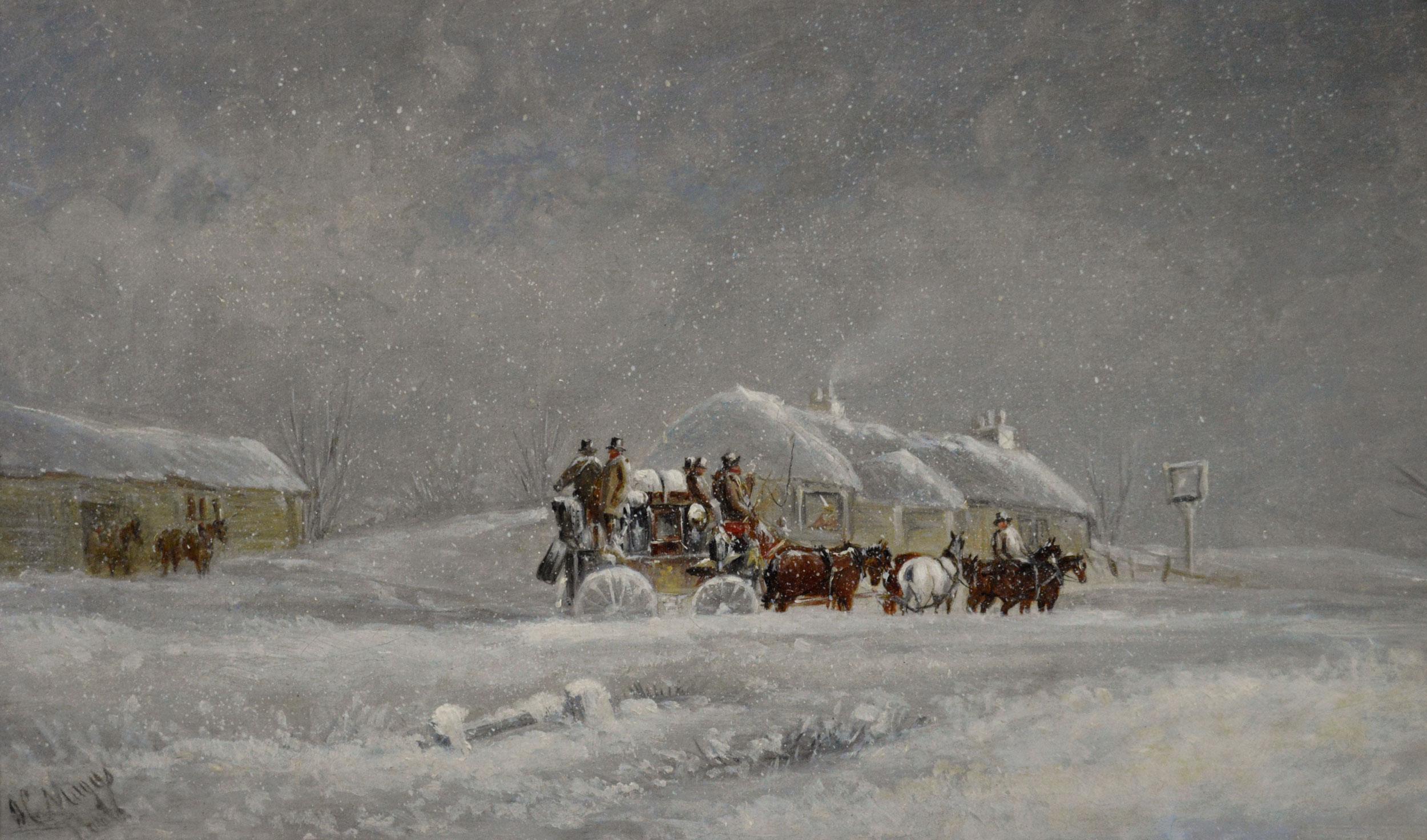 Dipinto a olio del XIX secolo raffigurante una diligenza durante una tempesta di neve - Painting di John Charles Maggs