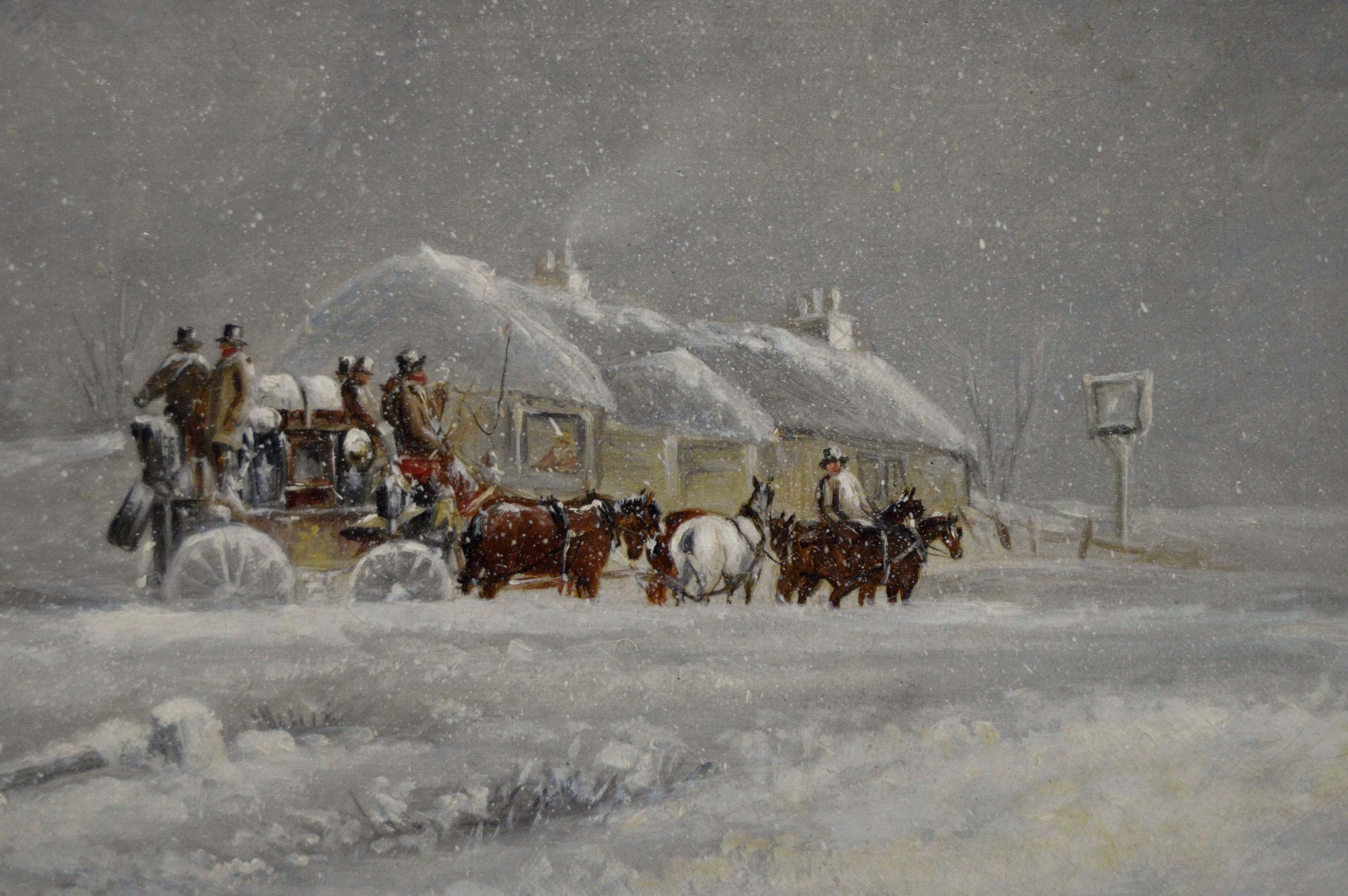 Dipinto a olio del XIX secolo raffigurante una diligenza durante una tempesta di neve - Painting Vittoriano di John Charles Maggs