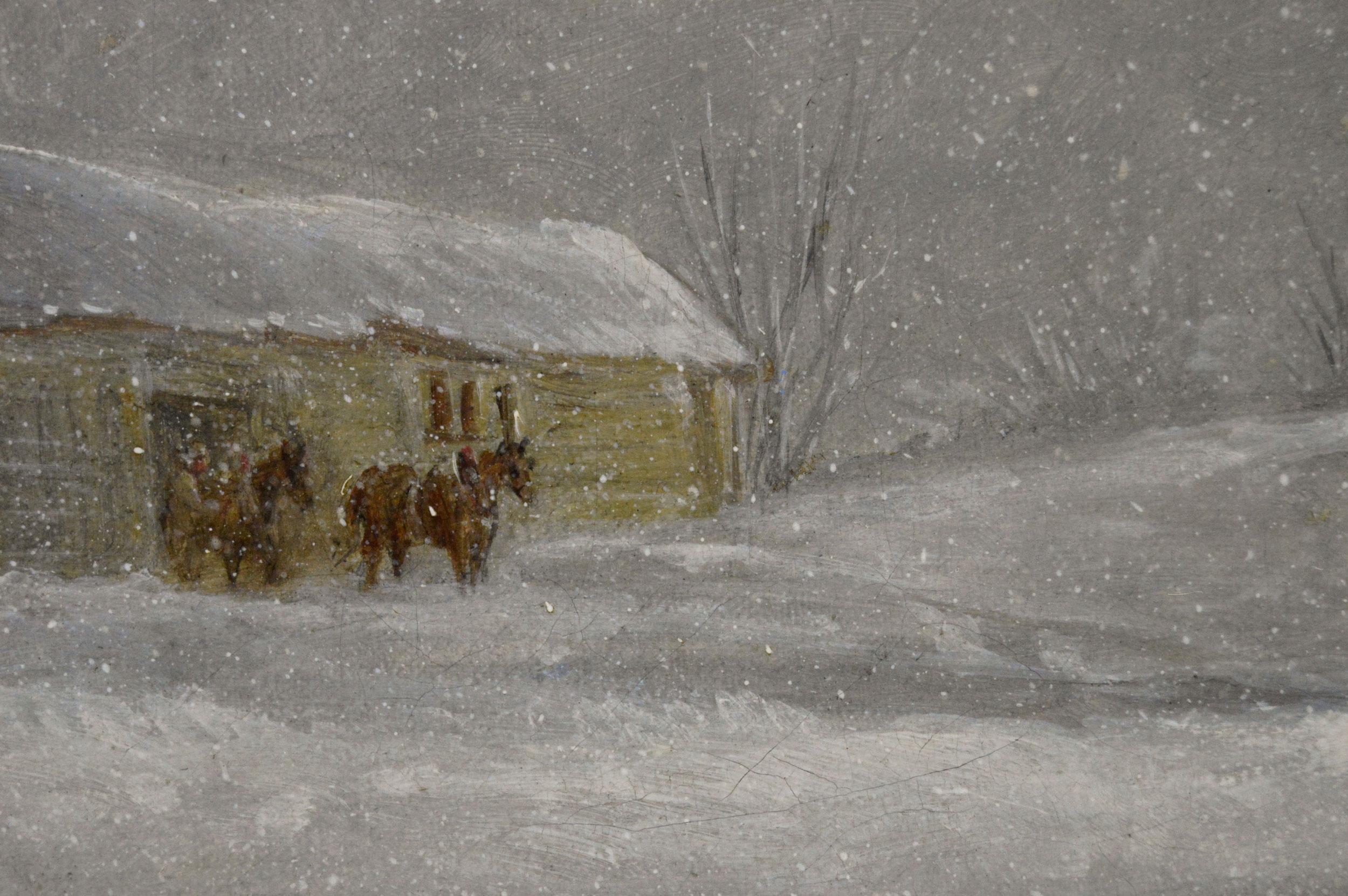 John Charles Maggs
Britannico, (1819-1896)
Colto da una tempesta di neve
Olio su tela, firmato
Dimensioni dell'immagine: 10 pollici x 16,75 pollici 
Dimensioni comprensive di cornice: 14,5 pollici x 21,25 pollici

Una suggestiva scena invernale con