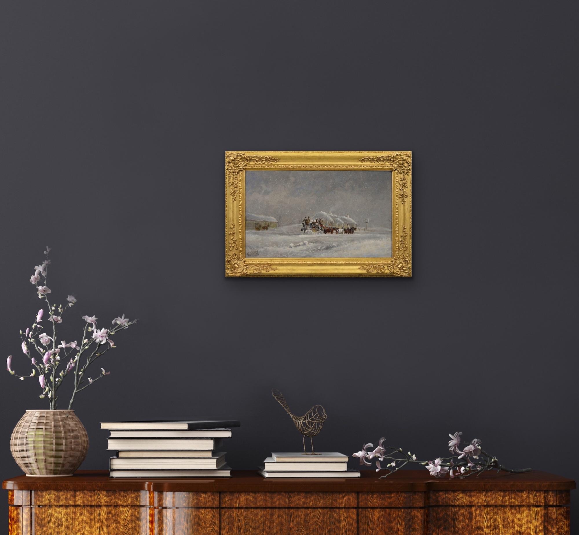 Dipinto a olio del XIX secolo raffigurante una diligenza durante una tempesta di neve in vendita 4
