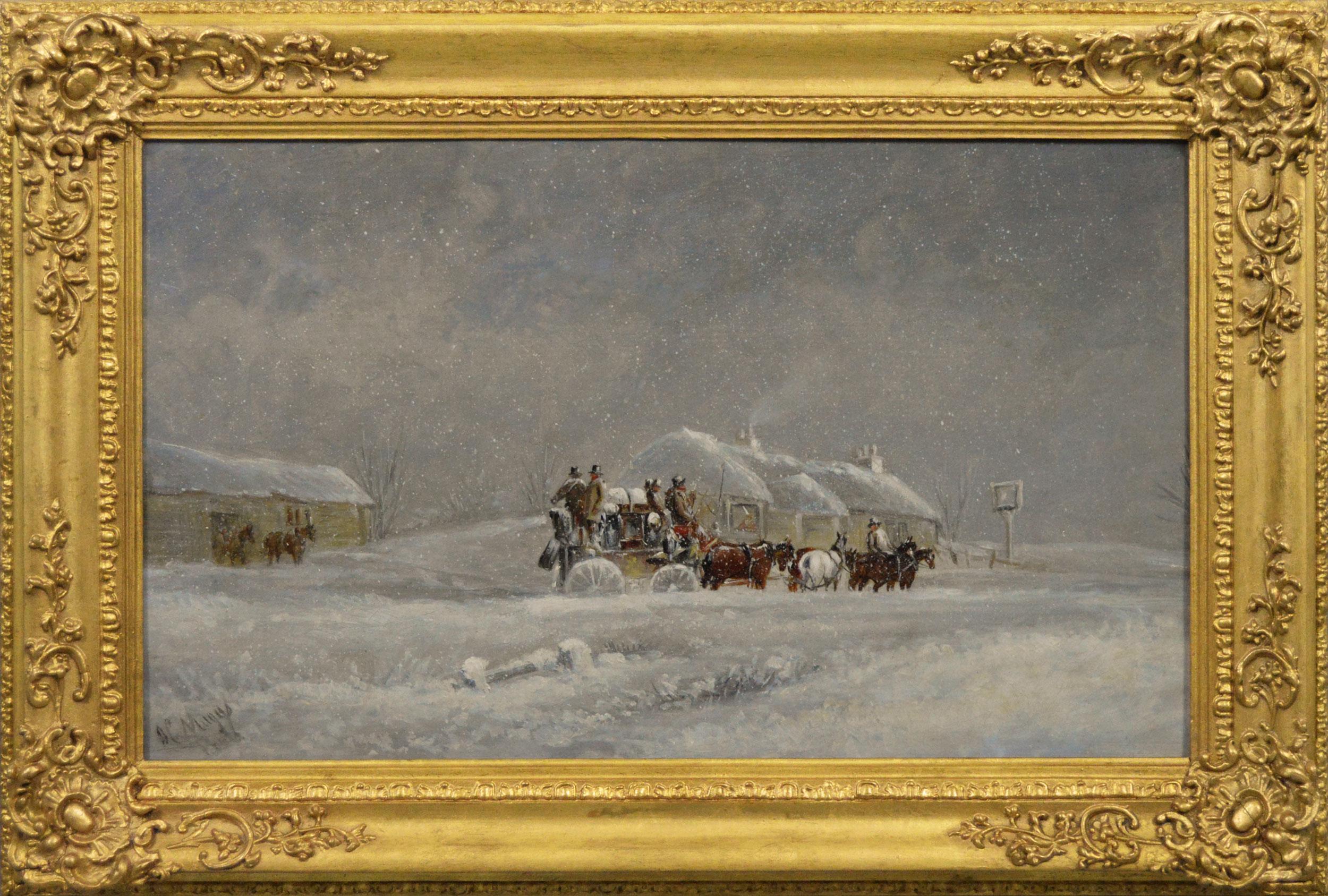 Landscape Painting di John Charles Maggs - Dipinto a olio del XIX secolo raffigurante una diligenza durante una tempesta di neve