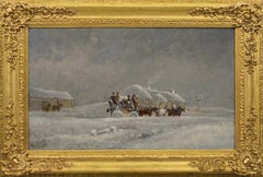 19th Century winter coaching oil painting of a stagecoach in a snowstorm