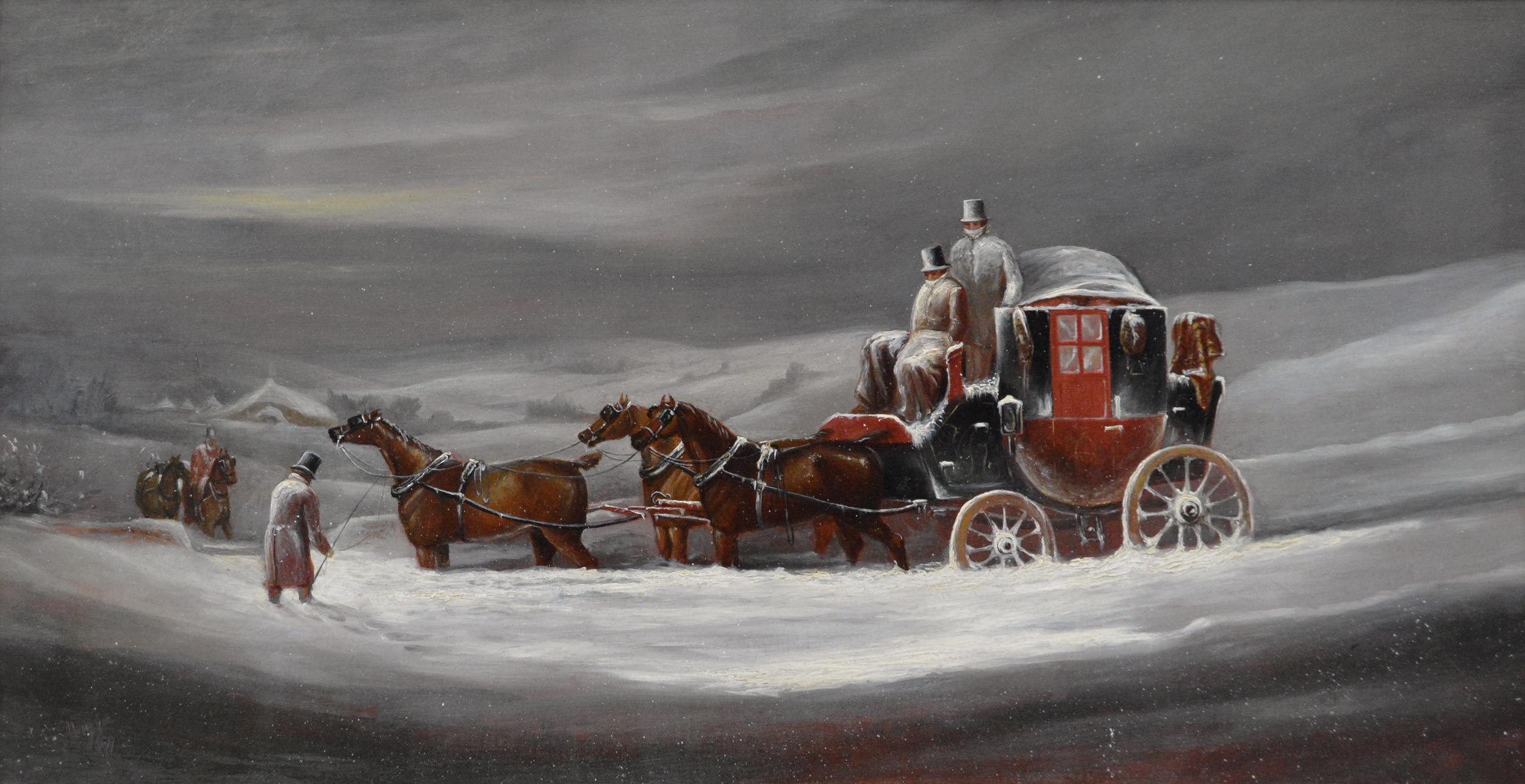 19th Century winter coaching scene oil painting - Painting by John Charles Maggs