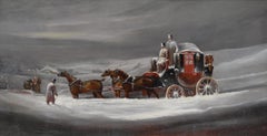 19th Century winter coaching scene oil painting