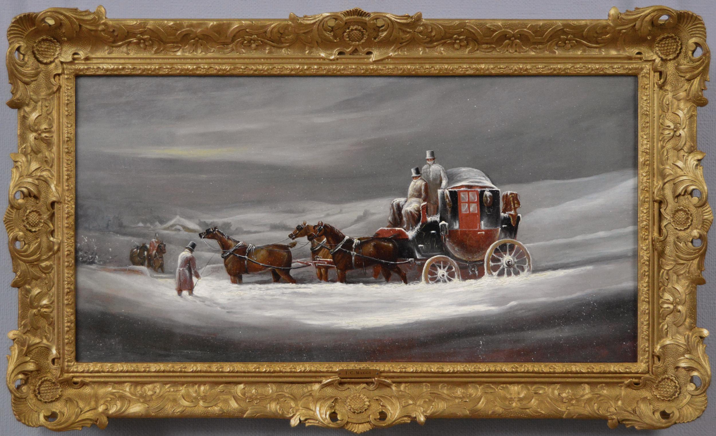 19th Century winter coaching scene oil painting