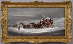 Peinture à l'huile d'une scène d'accompagnement d'hiver du 19e siècle