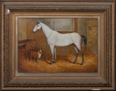 Hunter & Terrier In A Stable en gris noir, daté de 1850 avec un canard, 19ème siècle