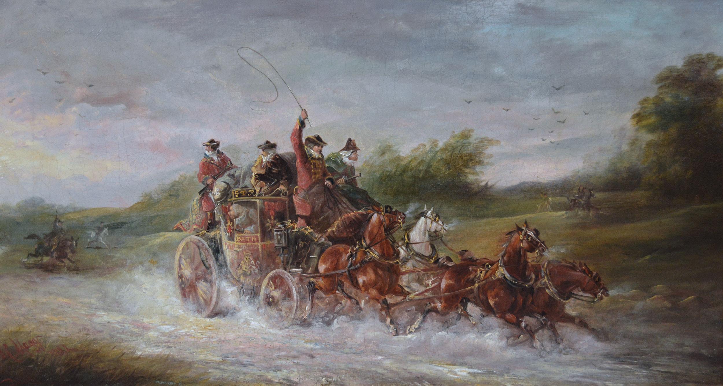 Pair of 19th Century coaching scene oil paintings of a highway robbery - Painting by John Charles Maggs