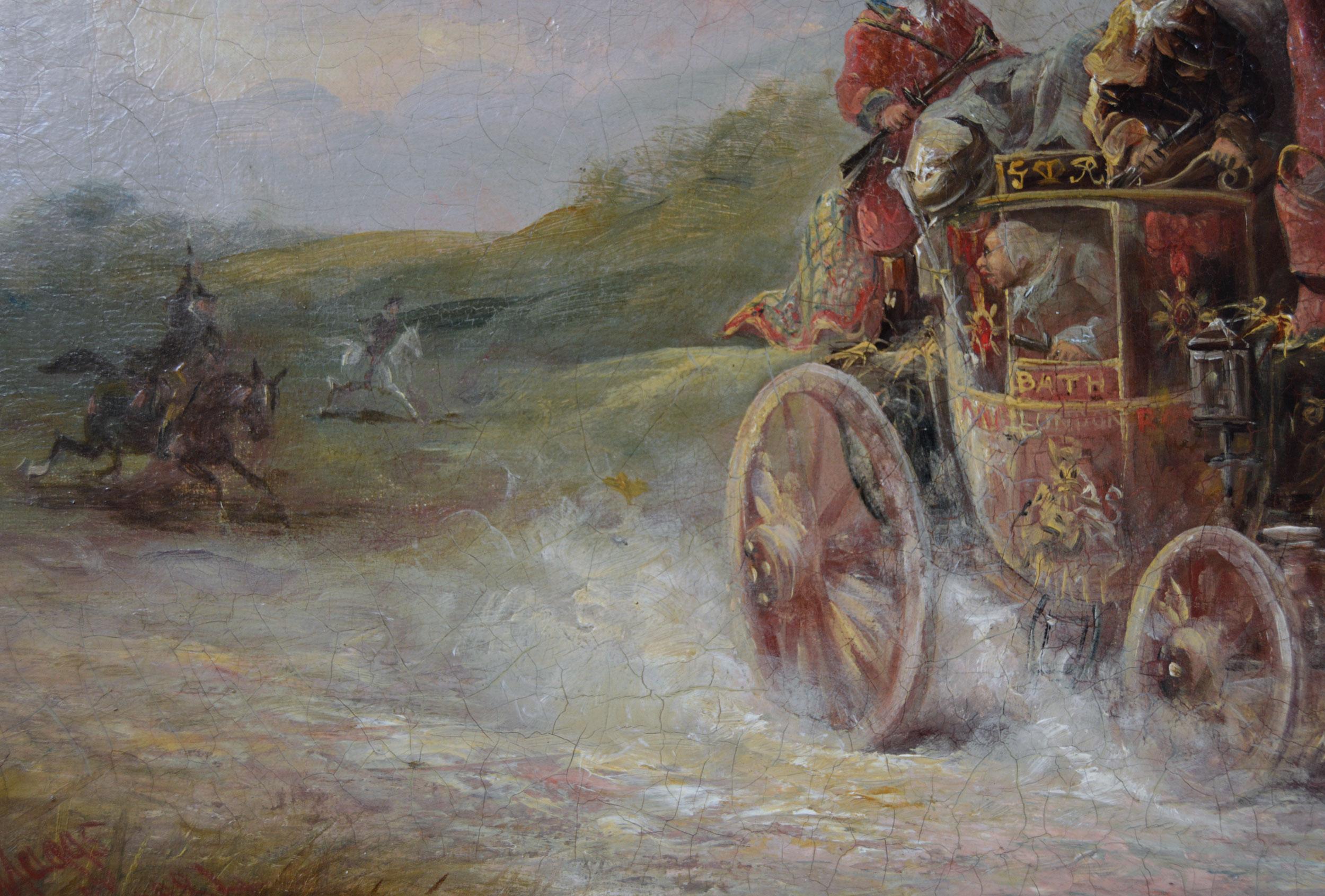 Pair of 19th Century coaching scene oil paintings of a highway robbery - Victorian Painting by John Charles Maggs