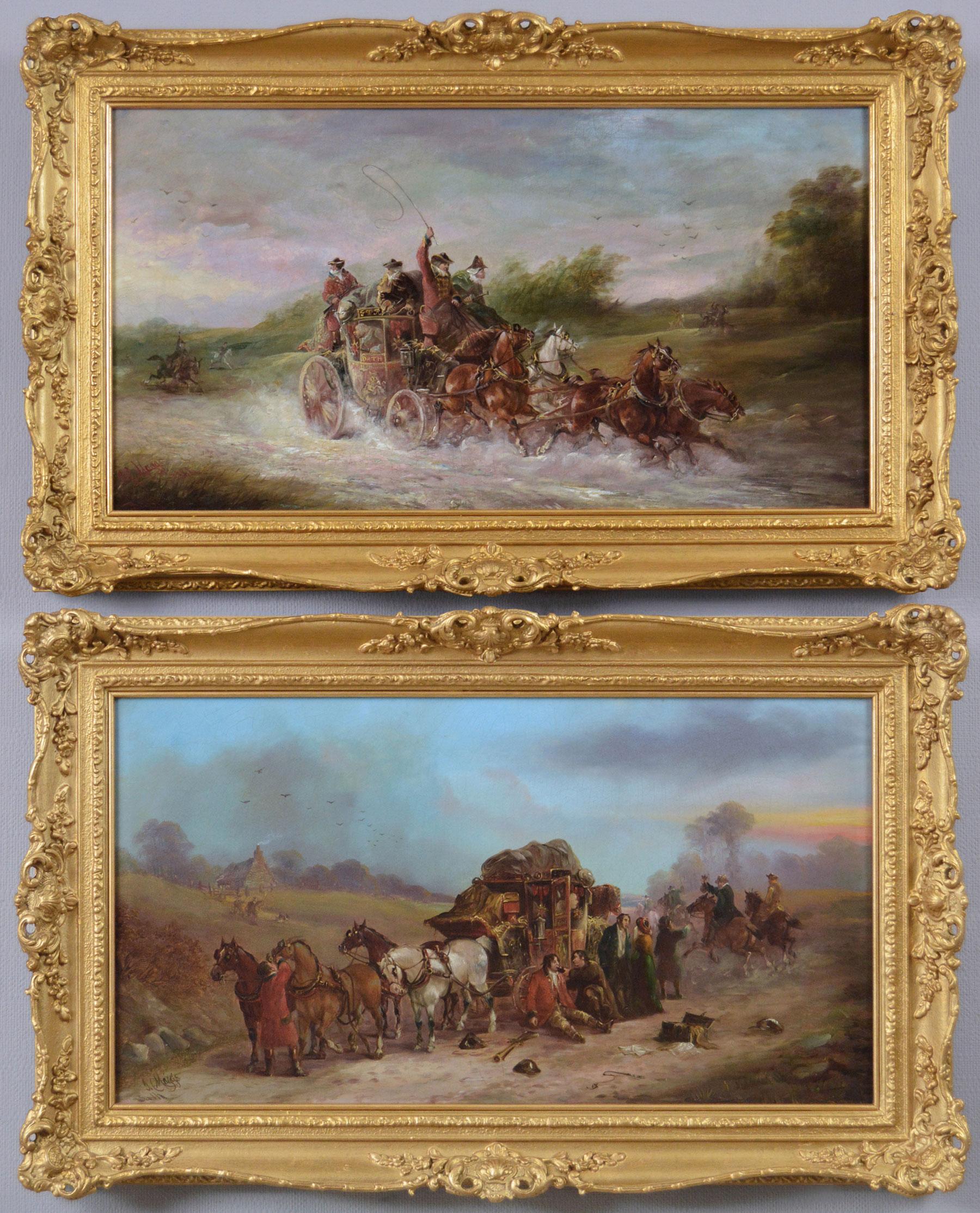 John Charles Maggs Landscape Painting - Pair of 19th Century coaching scene oil paintings of a highway robbery