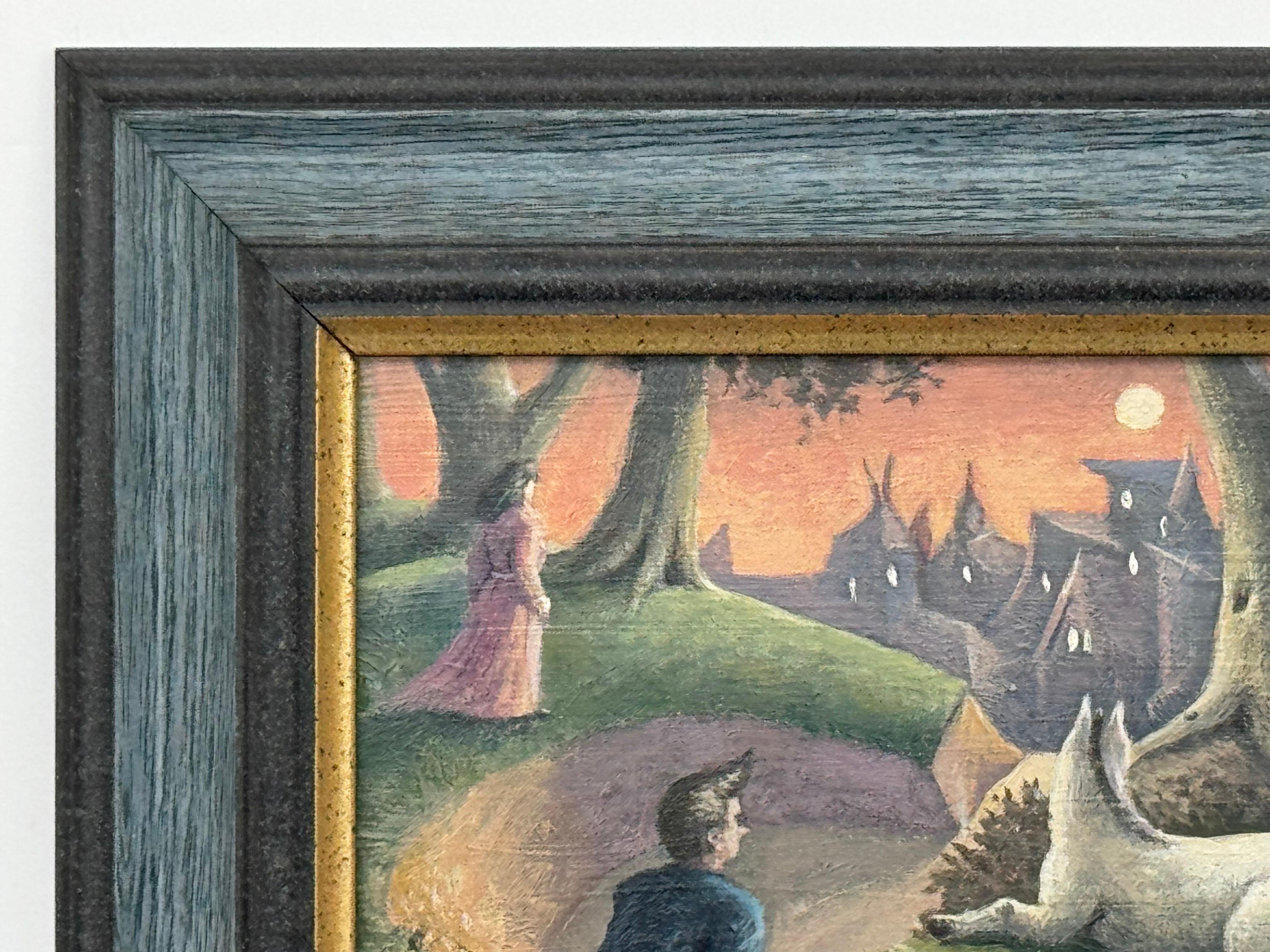 Surreale, traumhafte Dorfszene mit Figuren, Hund und mondbeschienenem Himmel - Britischer Künstler im Angebot 5