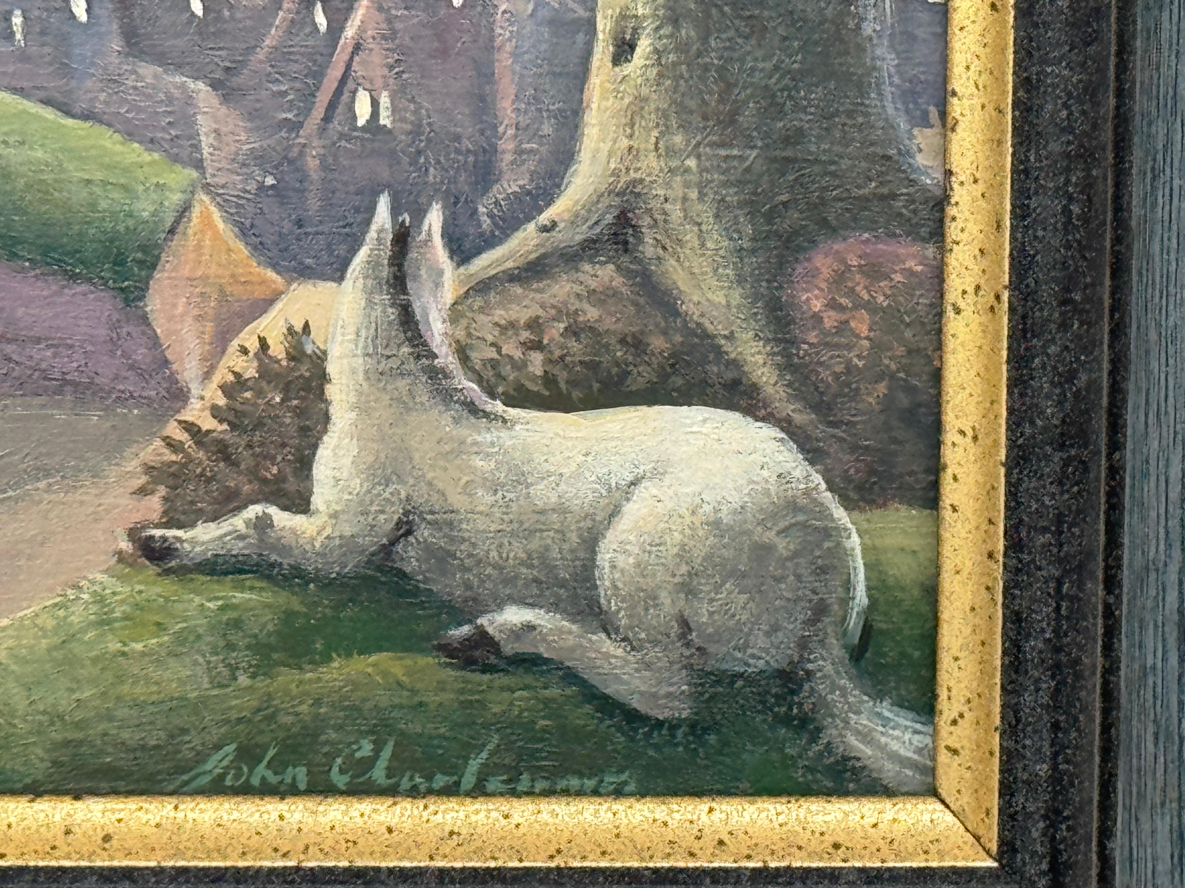 Surreale, traumhafte Dorfszene mit Figuren, Hund und mondbeschienenem Himmel - Britischer Künstler im Angebot 6