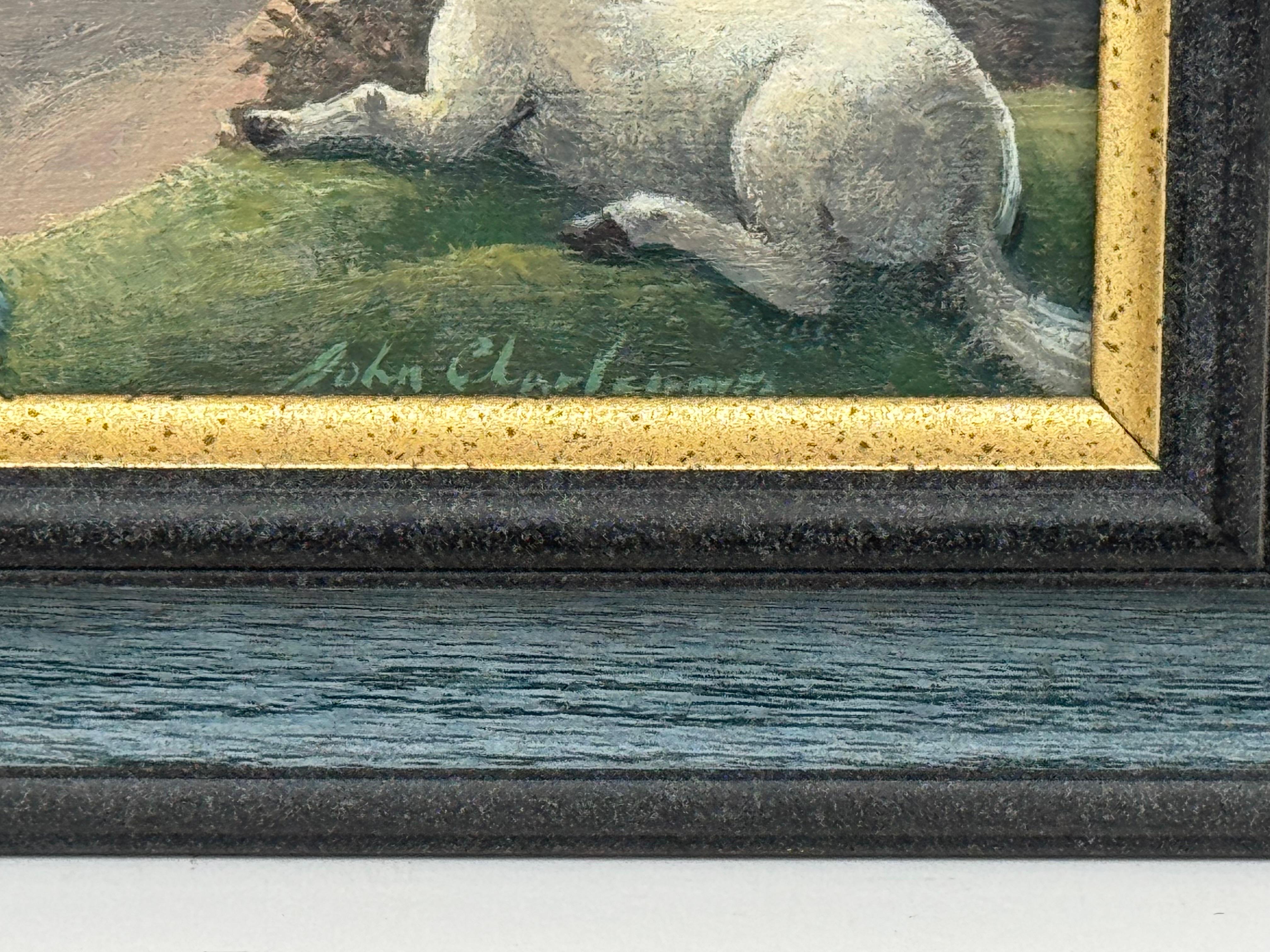 Surreale, traumhafte Dorfszene mit Figuren, Hund und mondbeschienenem Himmel - Britischer Künstler im Angebot 7
