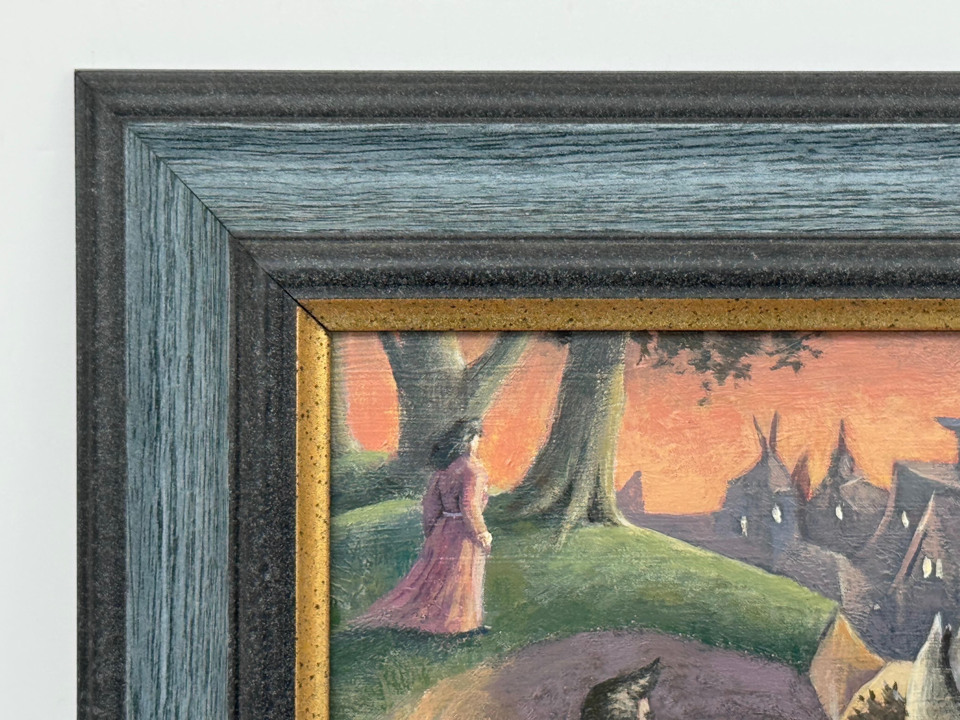 Surreale, traumhafte Dorfszene mit Figuren, Hund und mondbeschienenem Himmel - Britischer Künstler im Angebot 8