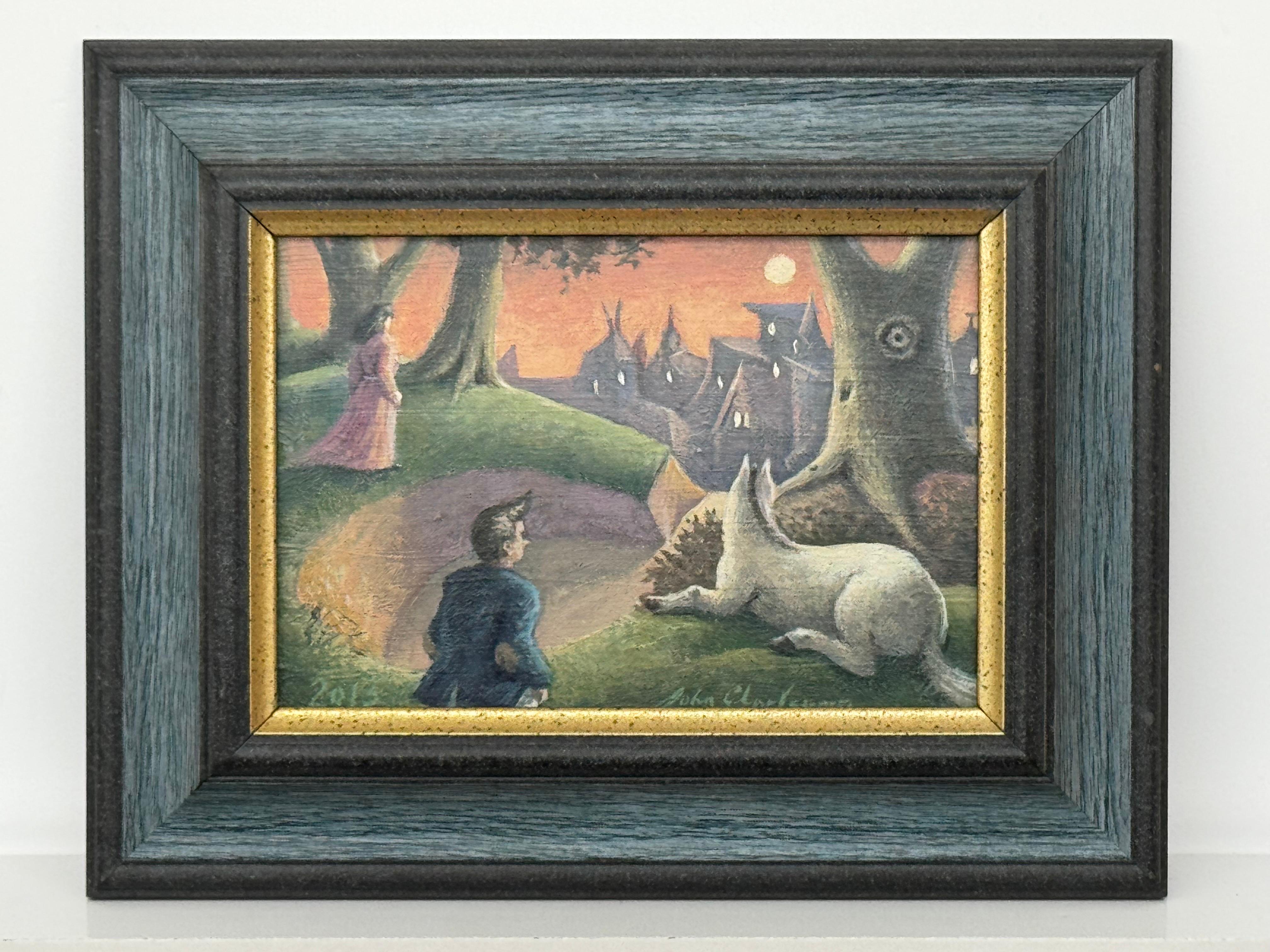 Surreale, traumhafte Dorfszene mit Figuren, Hund und mondbeschienenem Himmel - Britischer Künstler im Angebot 9