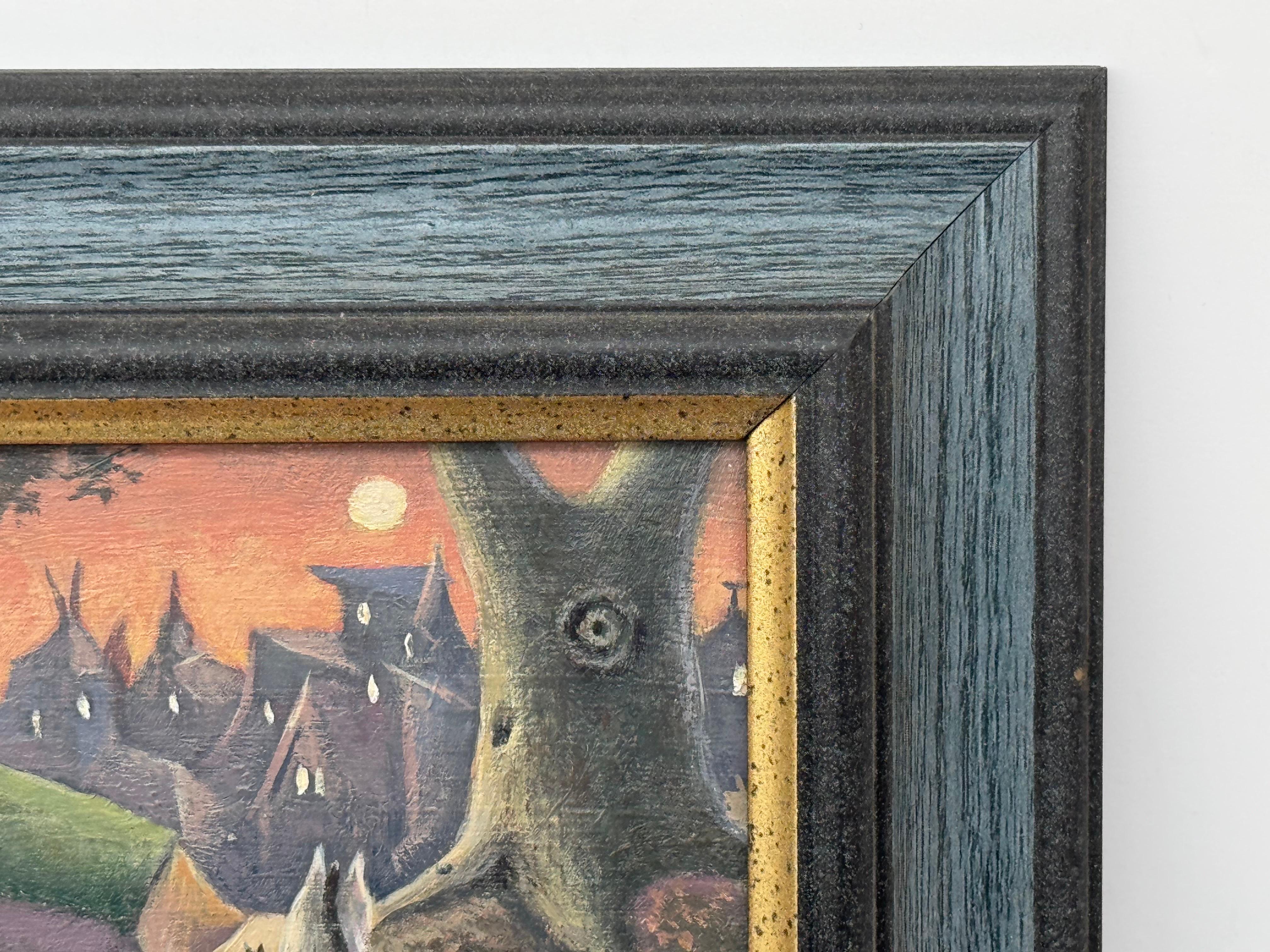 Surreale, traumhafte Dorfszene mit Figuren, Hund und mondbeschienenem Himmel - Britischer Künstler im Angebot 10