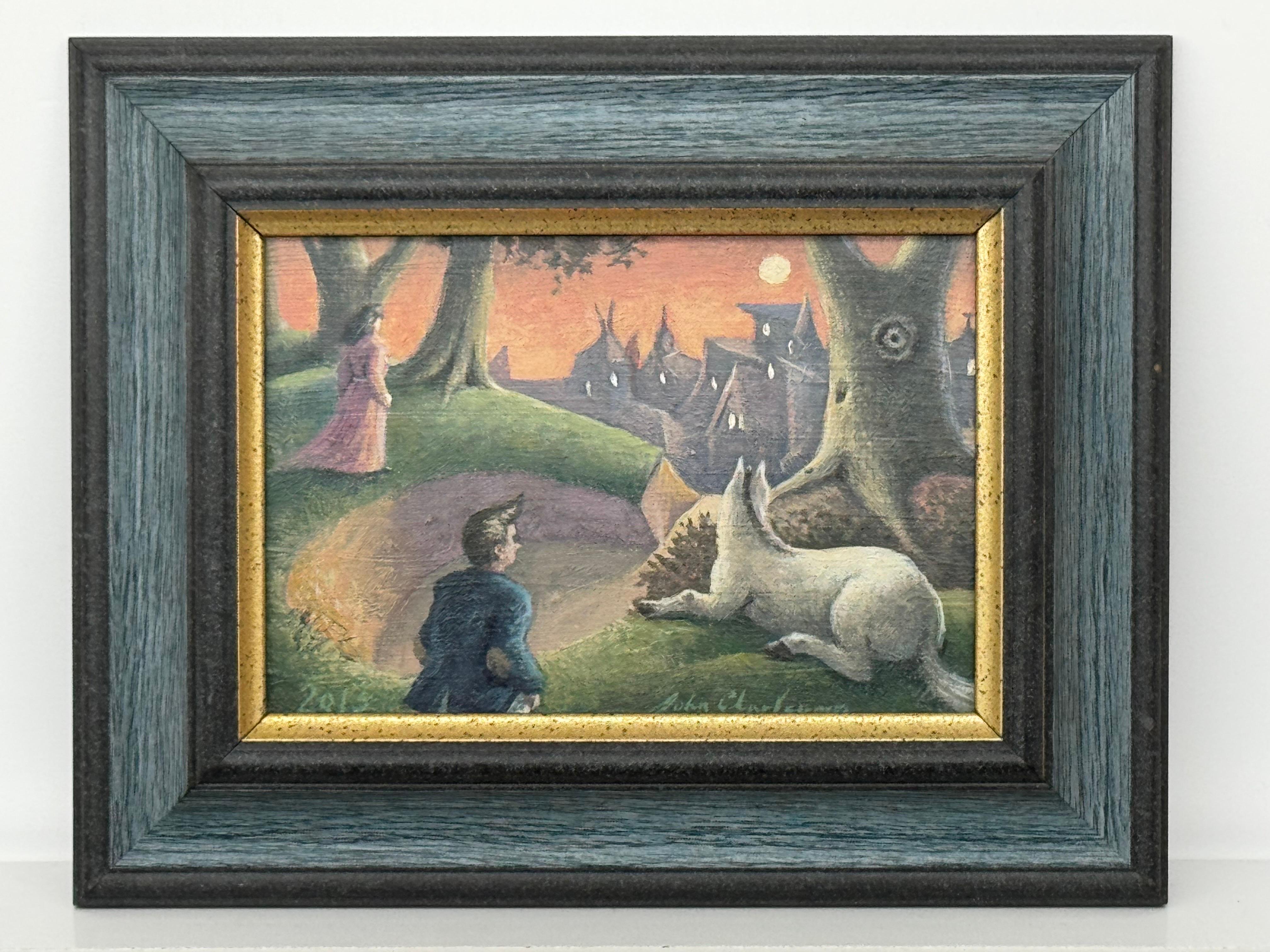 Surreale, traumhafte Dorfszene mit Figuren, Hund und mondbeschienenem Himmel - Britischer Künstler im Angebot 11