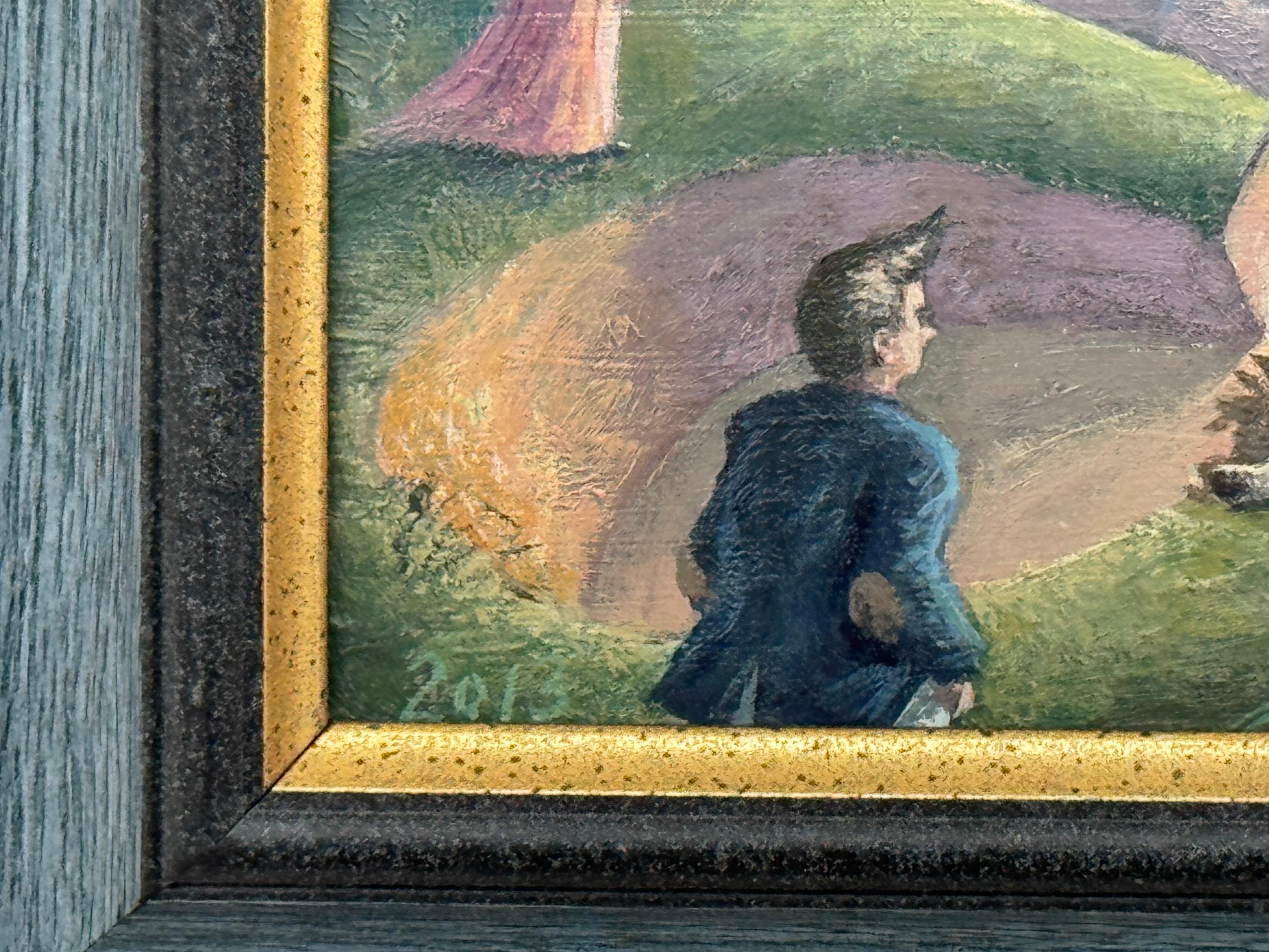 Surreale, traumhafte Dorfszene mit Figuren, Hund und mondbeschienenem Himmel - Britischer Künstler im Angebot 13