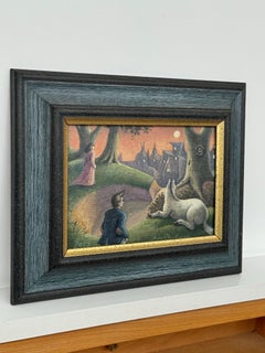 Surreal Dreamlike Village Scene with Figures, Dog & Moonlit Sky - British Artist