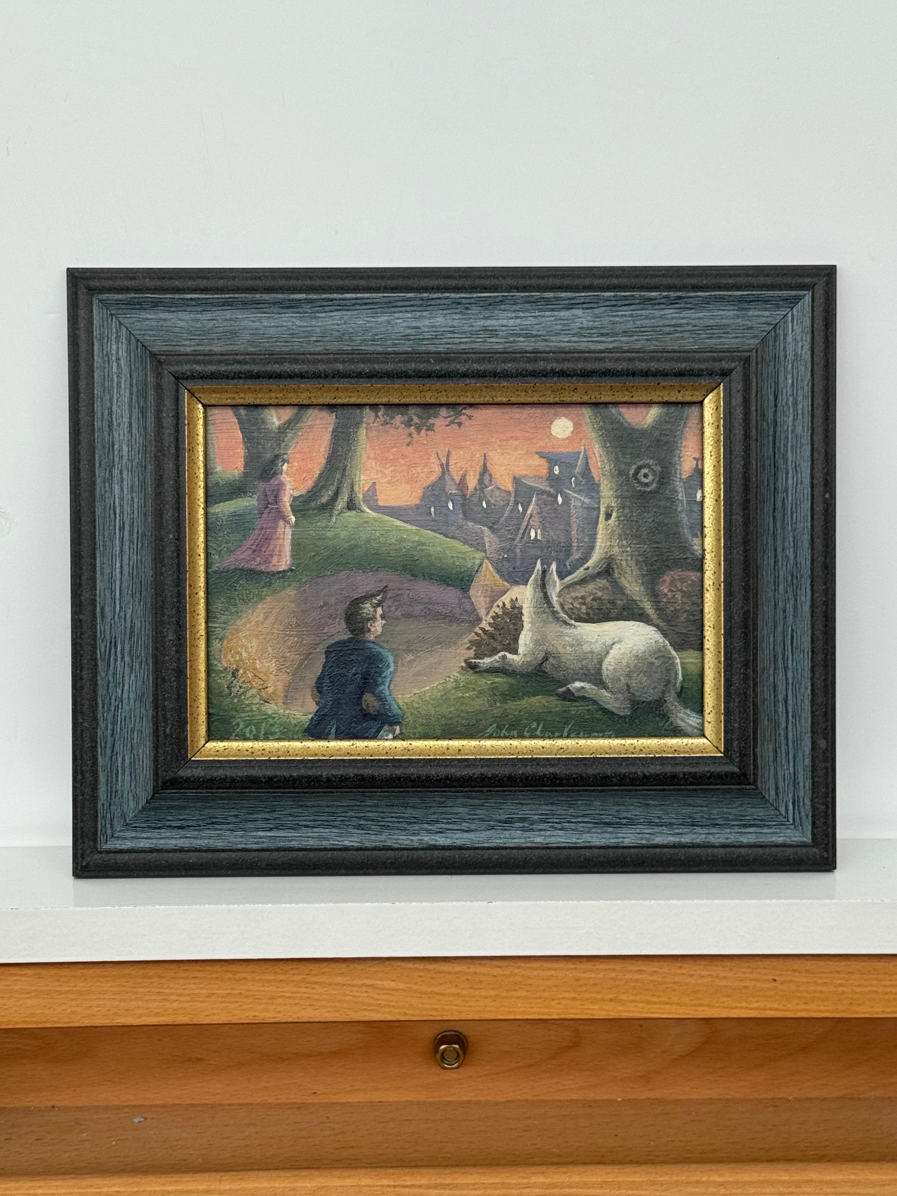 Surreale, traumhafte Dorfszene mit Figuren, Hund und mondbeschienenem Himmel - Britischer Künstler (Surrealismus), Painting, von John Charlesworth