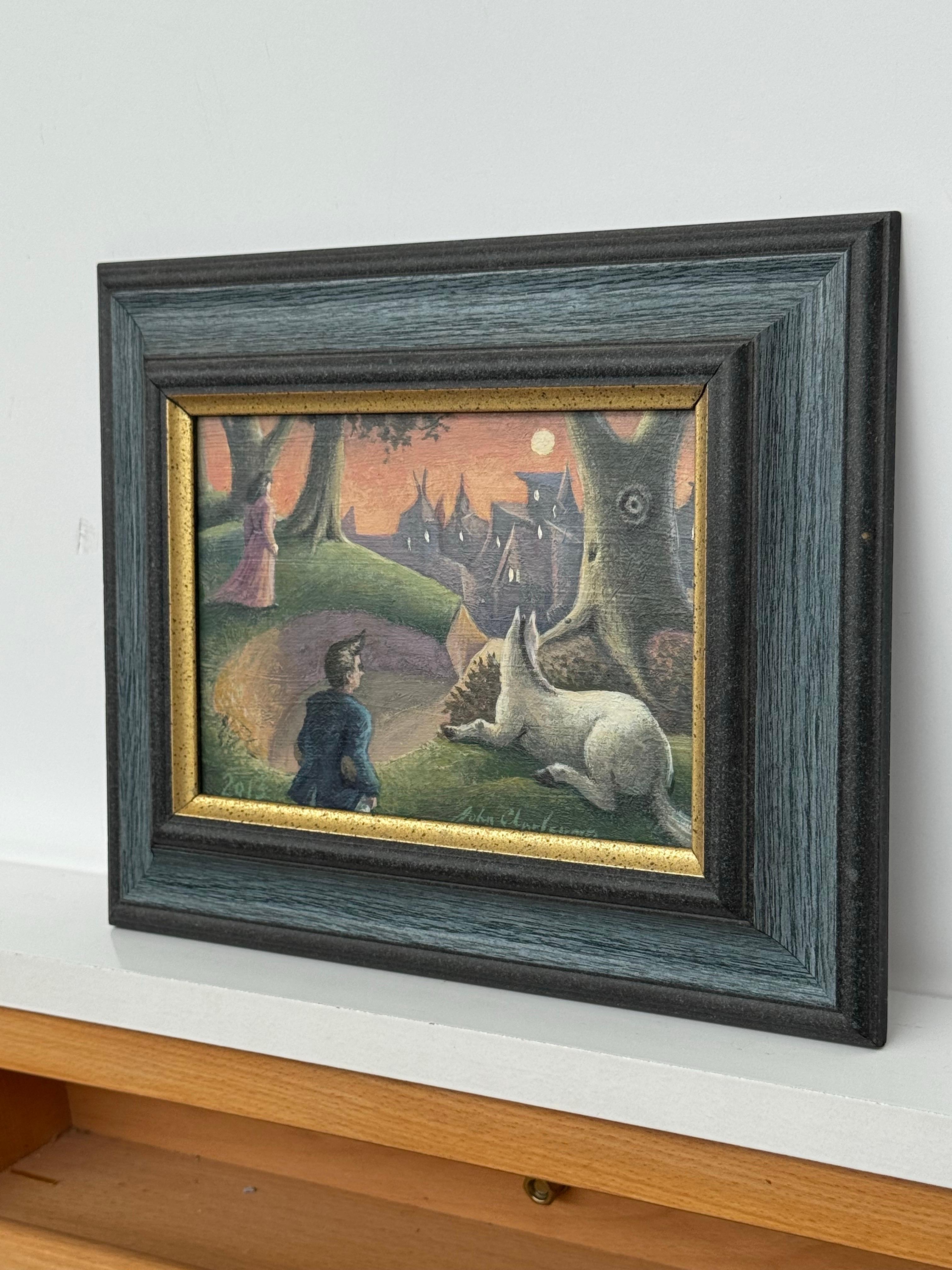 Surreale, traumhafte Dorfszene mit Figuren, Hund und mondbeschienenem Himmel - Britischer Künstler (Grau), Figurative Painting, von John Charlesworth