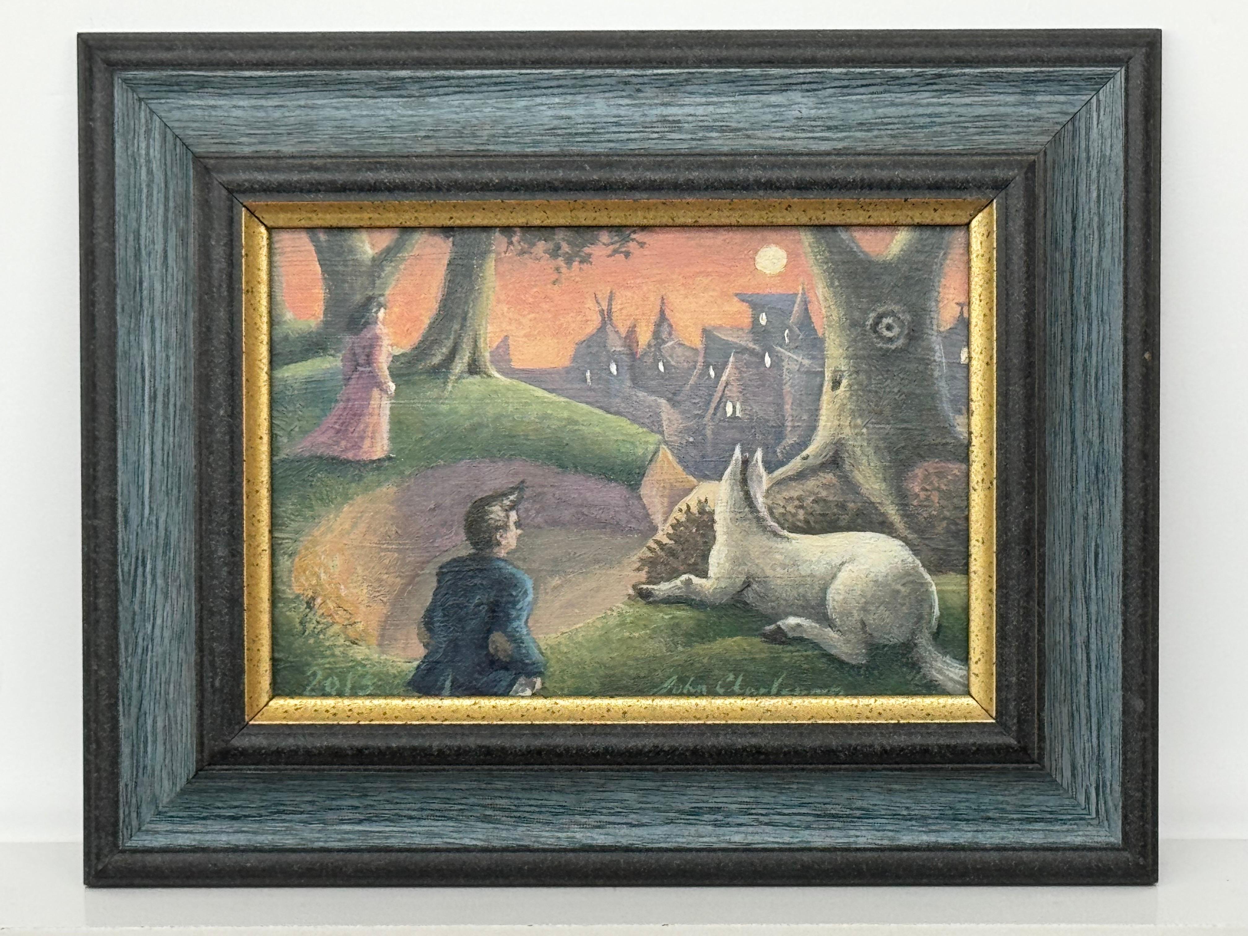 Surreale traumhafte Dorfszene mit Figuren, Hund und mondbeschienenem Himmel des britischen Künstlers John Charlesworth (britisch, geb. 1947)

Das Kunstwerk misst 7 x 5 Zoll (17,8 x 12,7 cm)
Der Rahmen misst 10 x 8 Zoll (25,4 x 20,3
