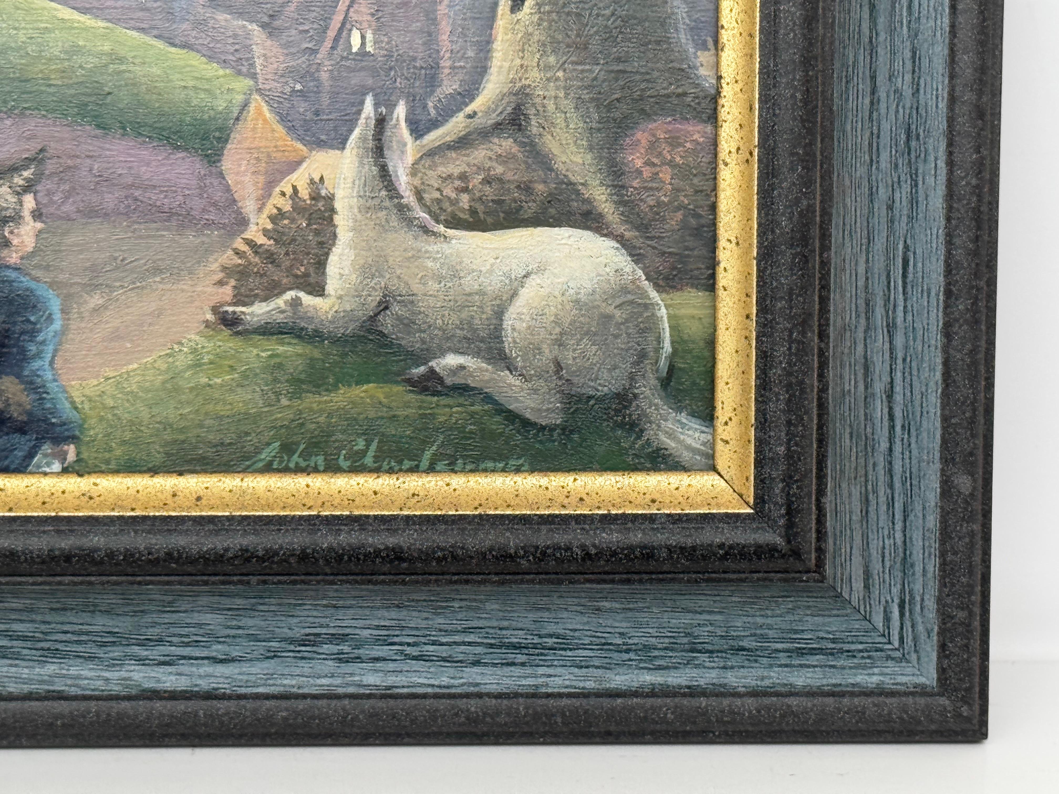 Surreale, traumhafte Dorfszene mit Figuren, Hund und mondbeschienenem Himmel - Britischer Künstler im Angebot 1