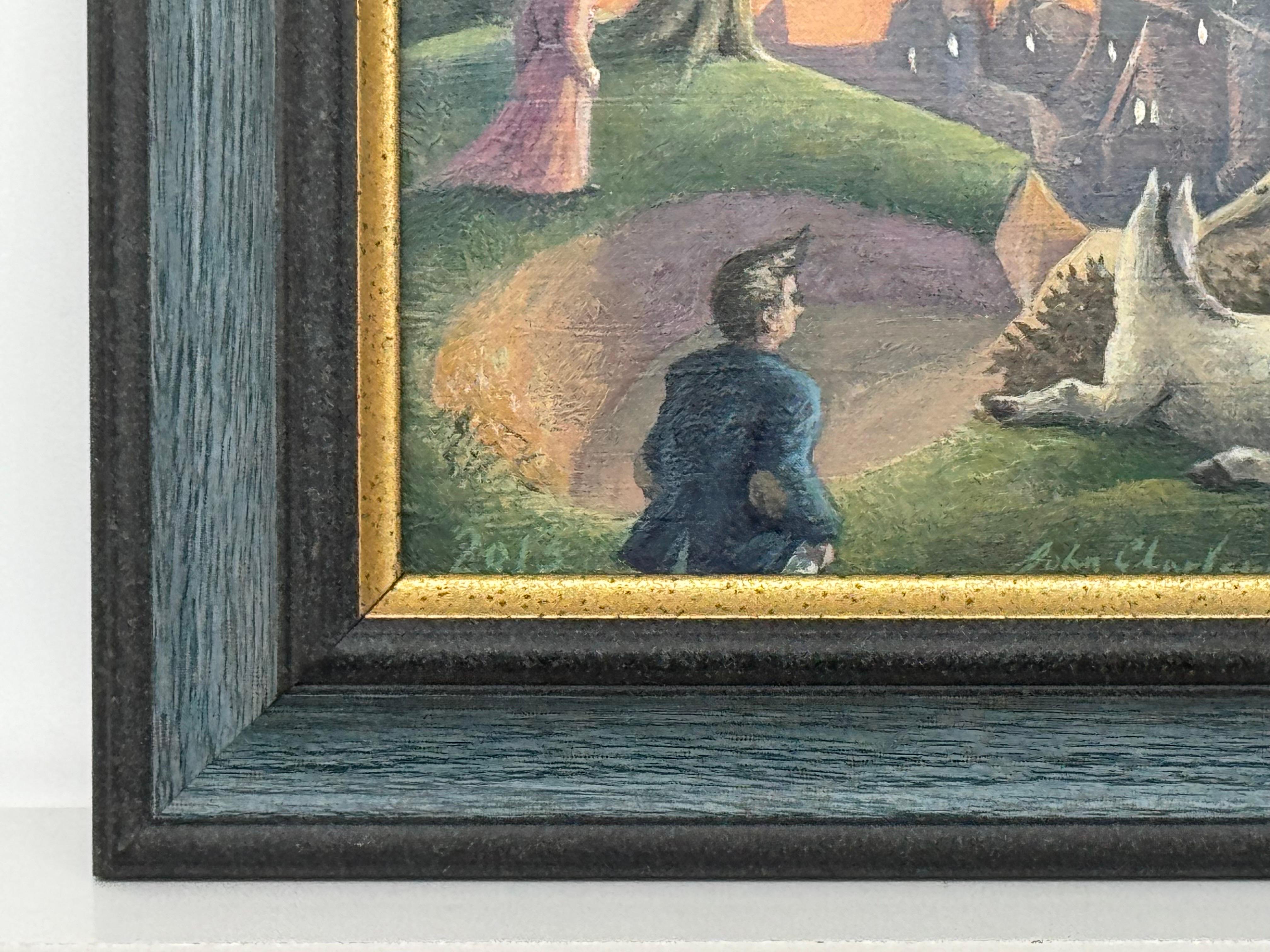 Surreale, traumhafte Dorfszene mit Figuren, Hund und mondbeschienenem Himmel - Britischer Künstler im Angebot 2