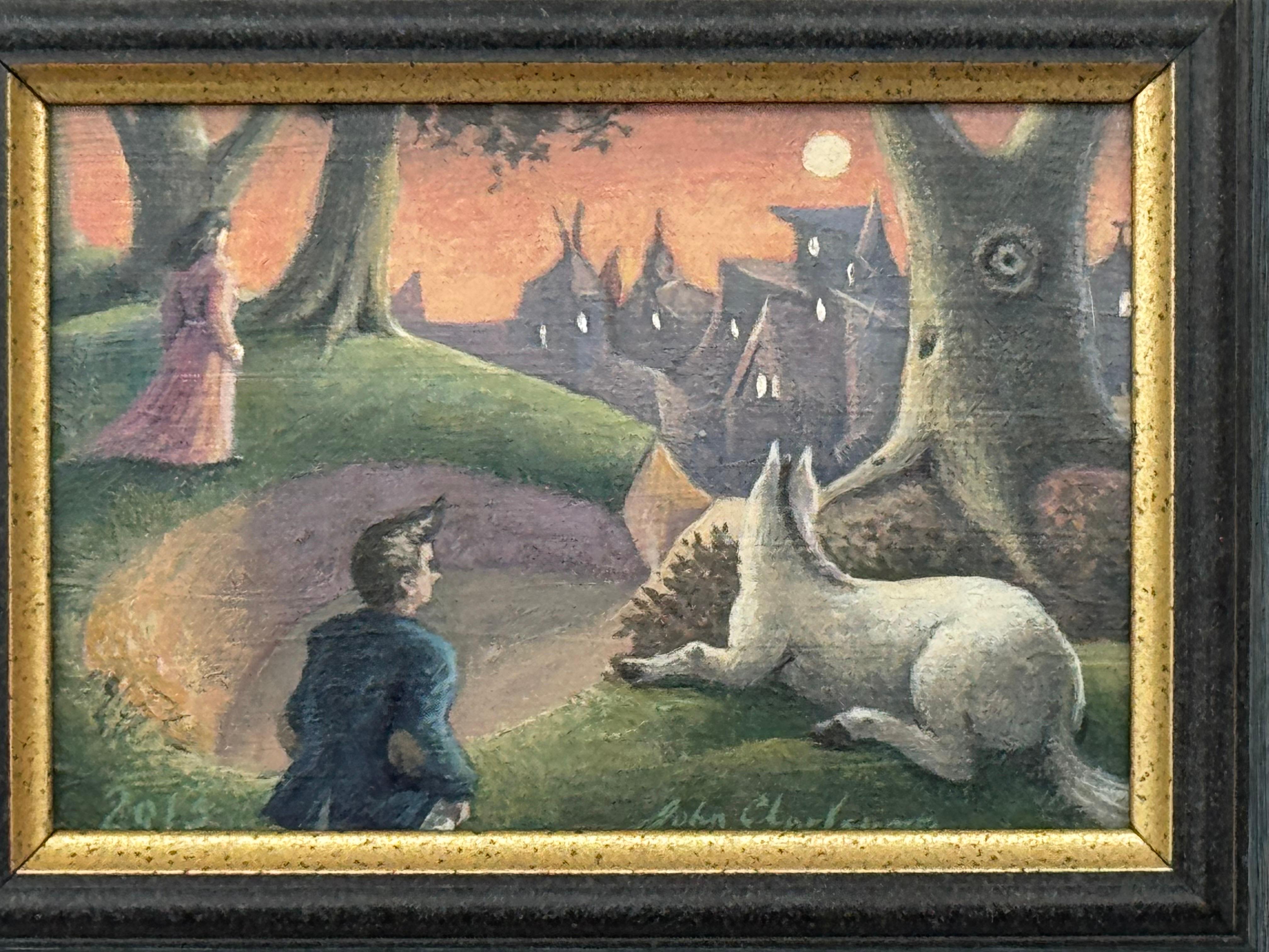 Surreale, traumhafte Dorfszene mit Figuren, Hund und mondbeschienenem Himmel - Britischer Künstler im Angebot 3