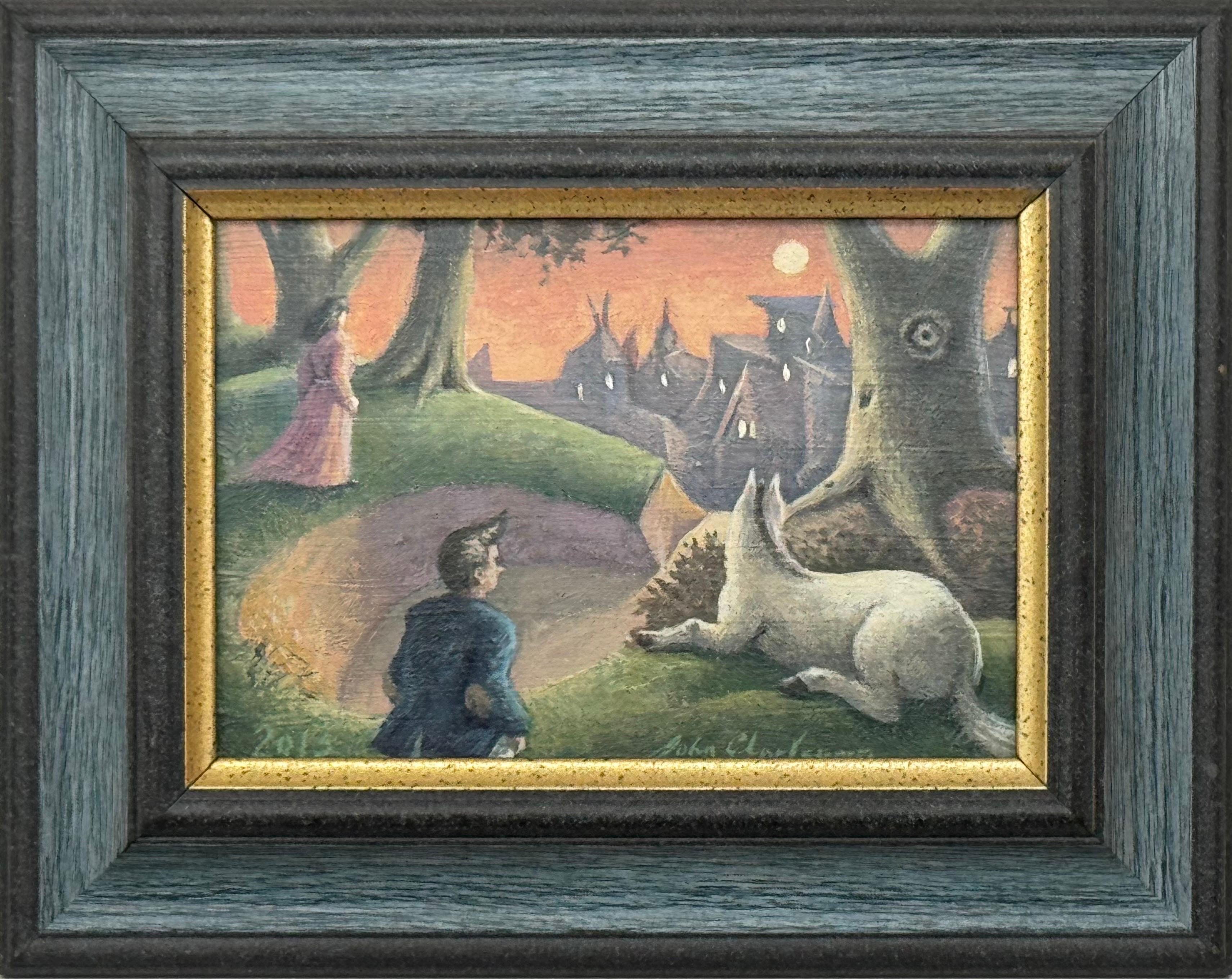 John Charlesworth Figurative Painting – Surreale, traumhafte Dorfszene mit Figuren, Hund und mondbeschienenem Himmel - Britischer Künstler