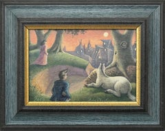 Surreal Dreamlike Village Scene with Figures, Dog & Moonlit Sky - British Artist