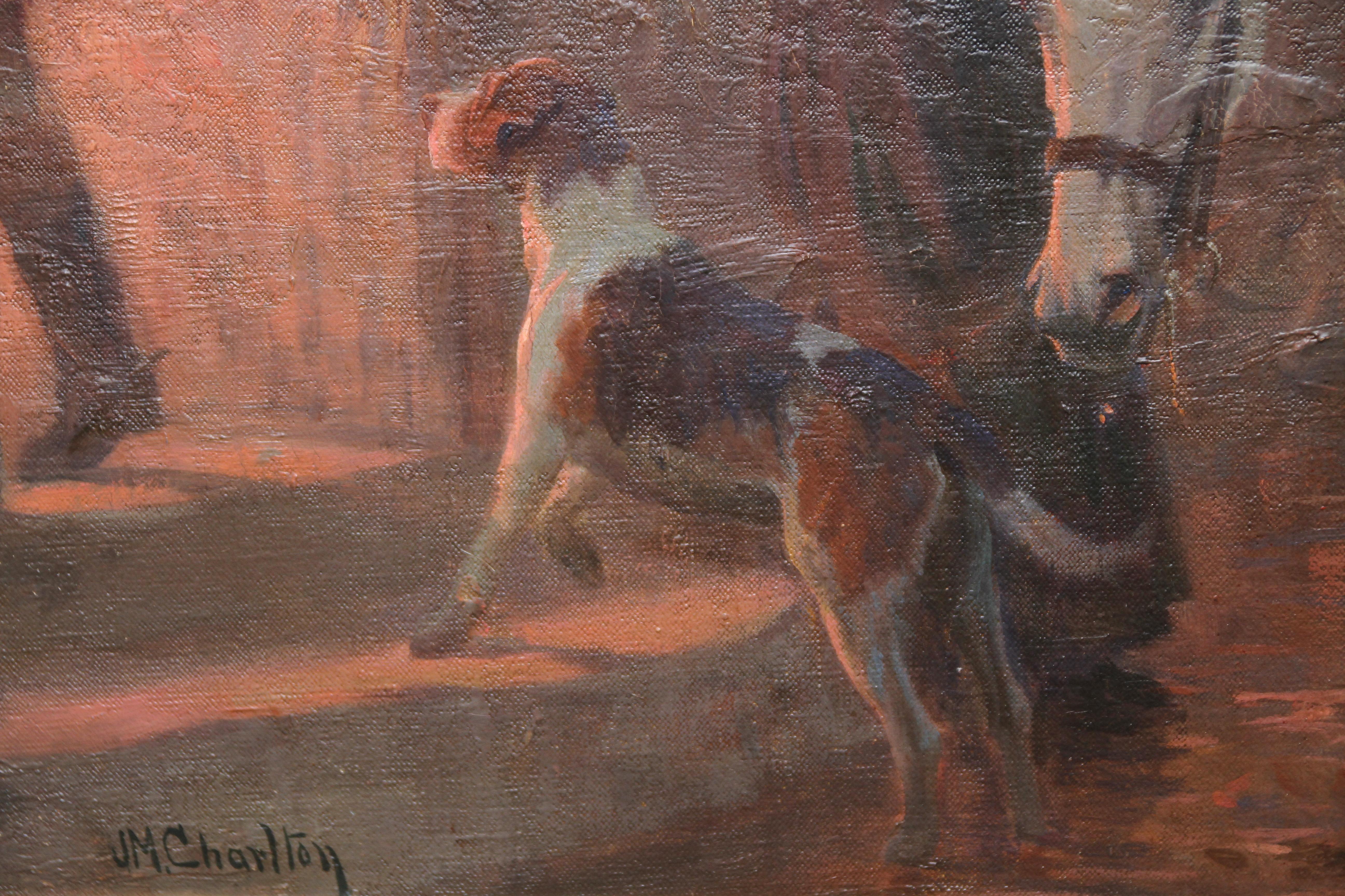 The End of day - British 1900's oil painting hunting scene inn hounds horses - Realist Painting by John Charlton