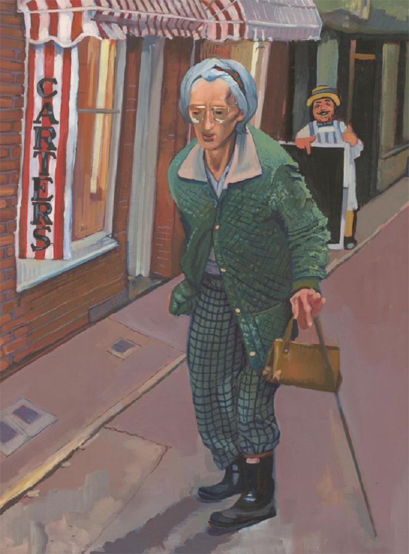 A vibrant street portrait by the British listed artist John Cherrington (1931-2015), depicting an elderly lady in a green jacket and trousers. Cherrington's art historical knowledge allows him to combine traditional techniques with a contemporary