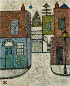 Cottage et cour, The Mount Square (Hampstead) - 1970 Mod Brit Oil Painting