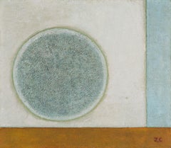La pleine lune se lève - peinture à l'huile abstraite du 20e siècle en blanc et bleu