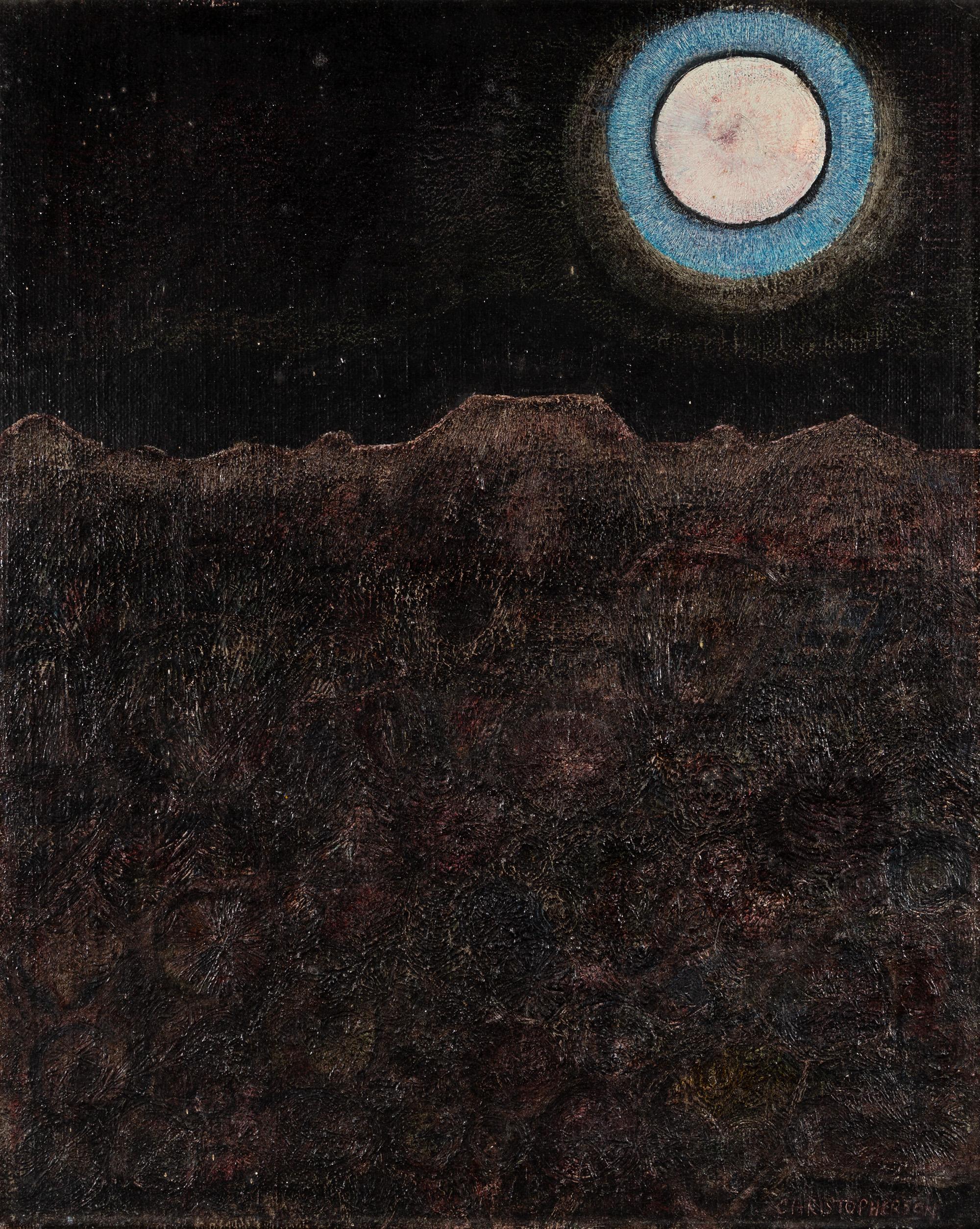 Mondlandschaft - 20. Jahrhundert Dunkle Landschaft bei Nacht mit Schwarz + Blau