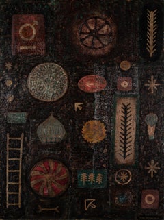 Map of a Dream - Dark Coloured 1960s Oil Painting, Folk Art