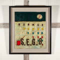 Walled City - 20. Jahrhundert Abstraktes Öl und Collage auf Karton, Weiß + Grün