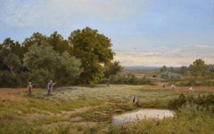 19th Century landscape oil painting of hay making