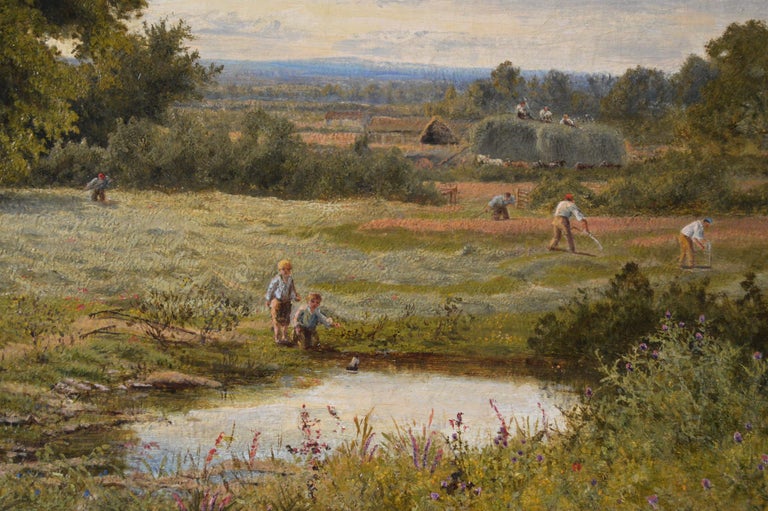 19th Century landscape oil painting of hay making  - Victorian Painting by John Clayton Adams