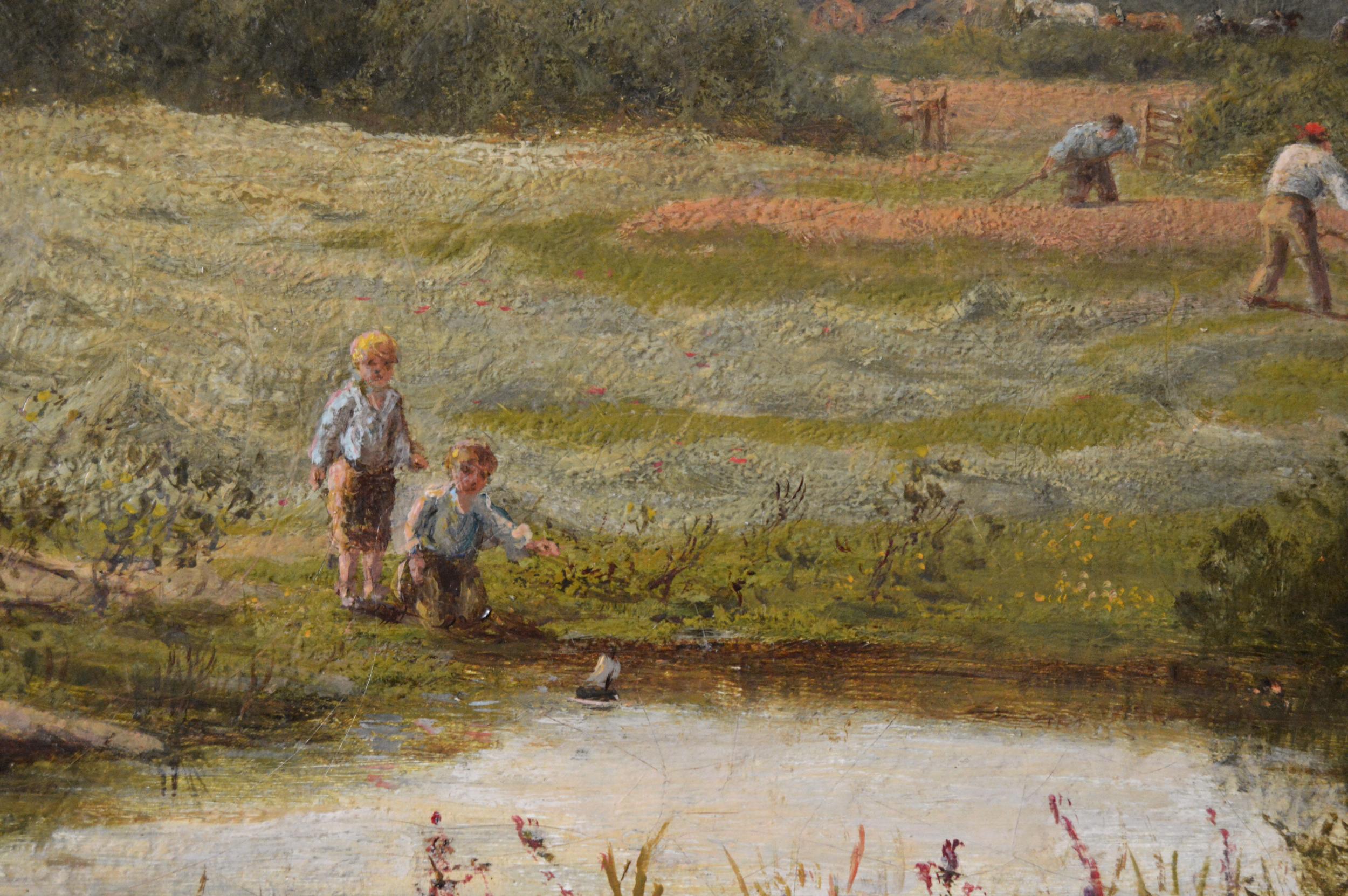 Peinture à l'huile de paysage du 19ème siècle sur la fenaison  - Victorien Painting par John Clayton Adams