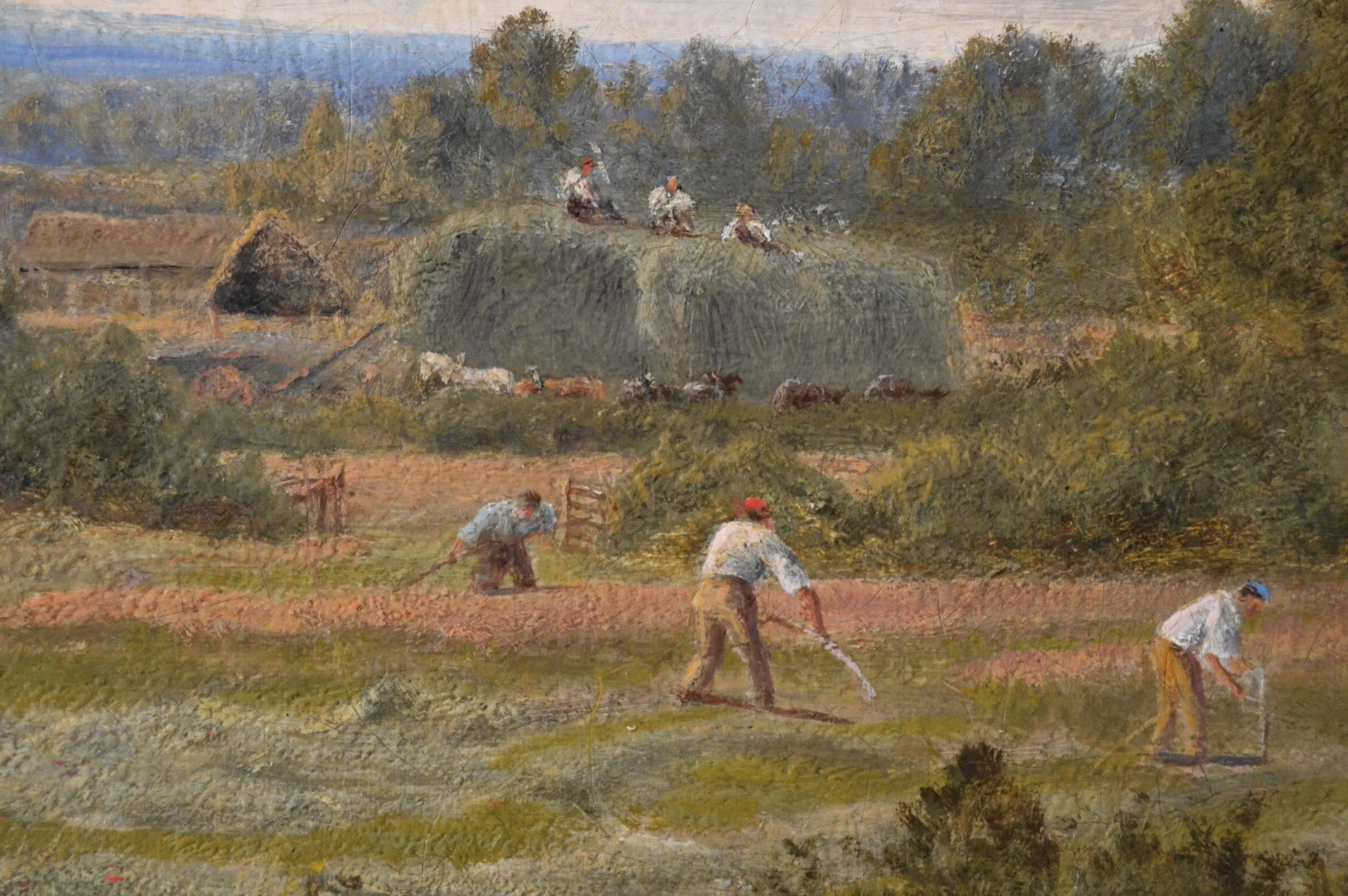 Peinture à l'huile de paysage du 19ème siècle sur la fenaison  - Marron Landscape Painting par John Clayton Adams