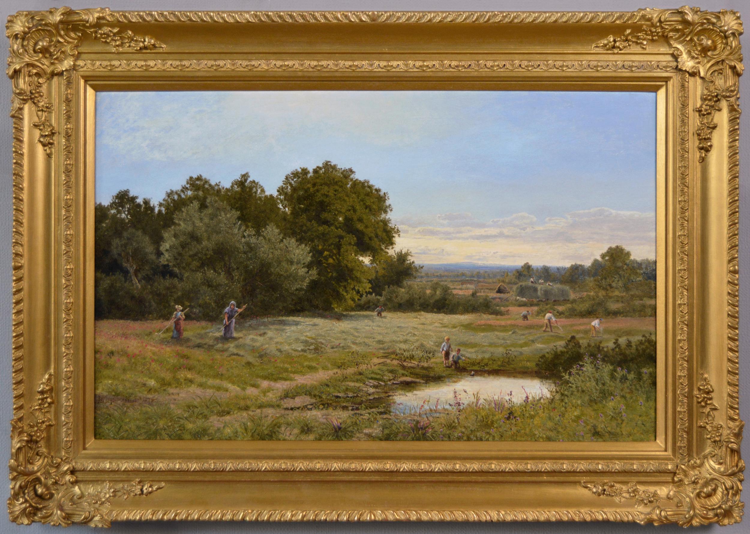 19th Century landscape oil painting of hay making 