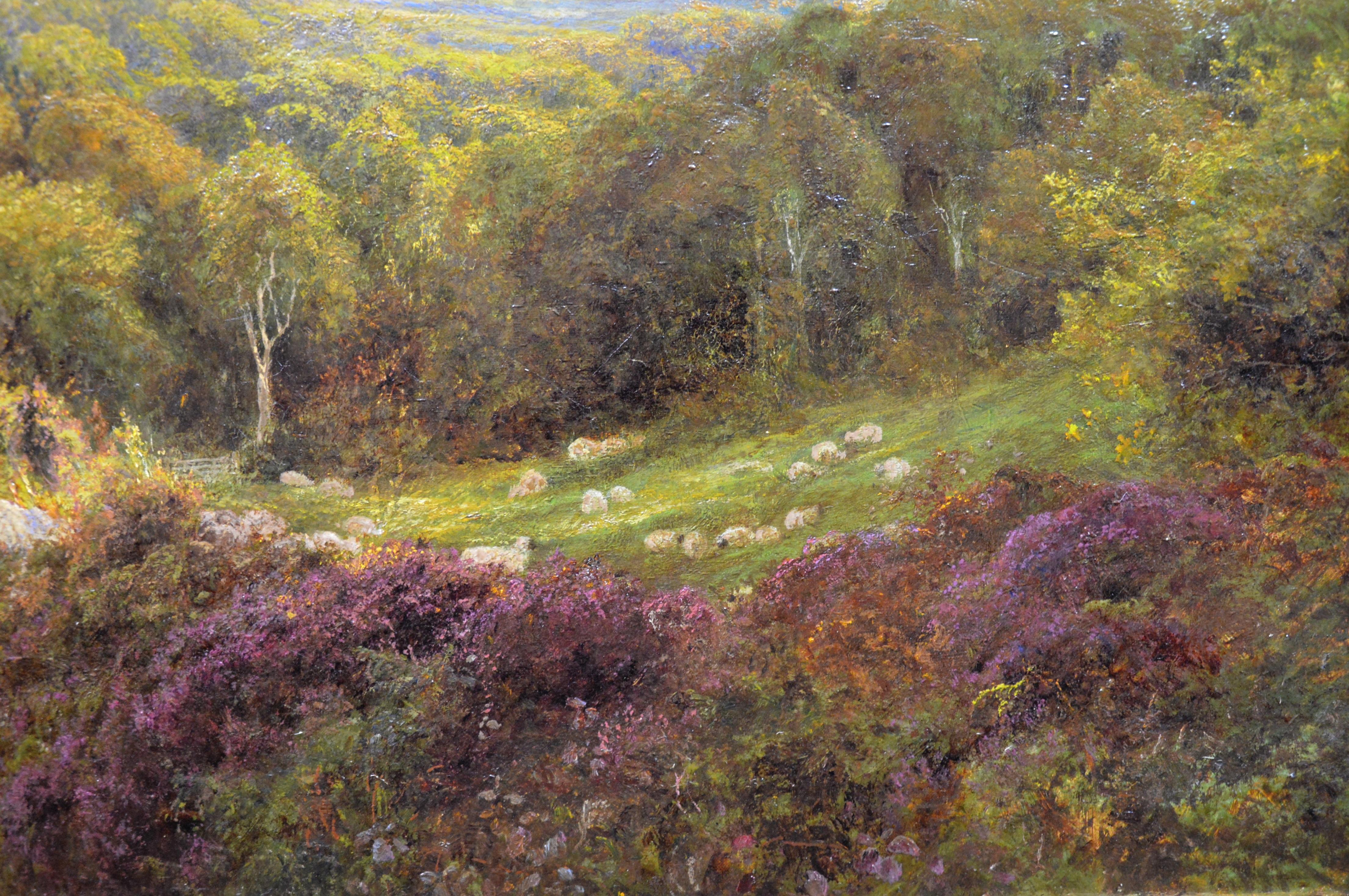 A very large fine 19th century oil on canvas depicting a shepherd and his flock of sheep return from pasture by the eminent Victorian artist John Clayton Adams (1840-1906). ‘Summer in the Surrey Hills’ is signed by the artist, and hangs in a superb